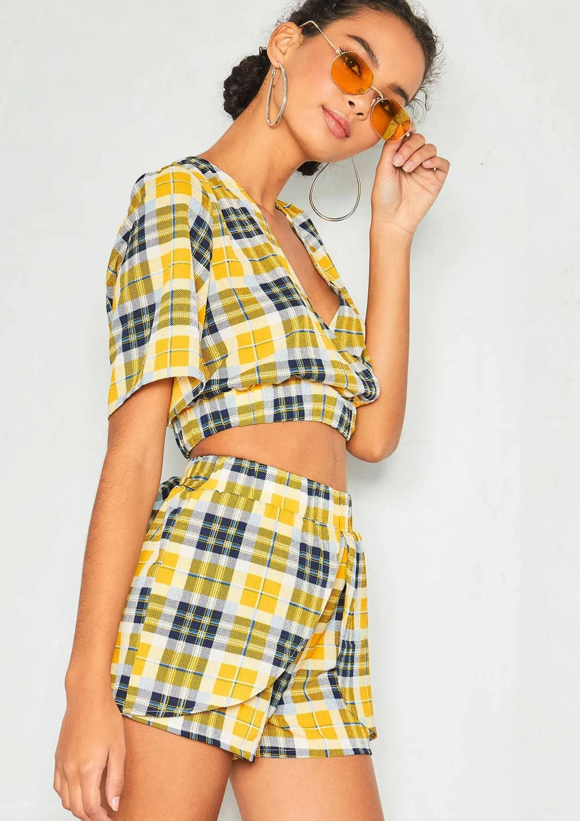 Missy Empire Libby Yellow Check Crop Top Shorts Co-Ord Set^Women Shorts