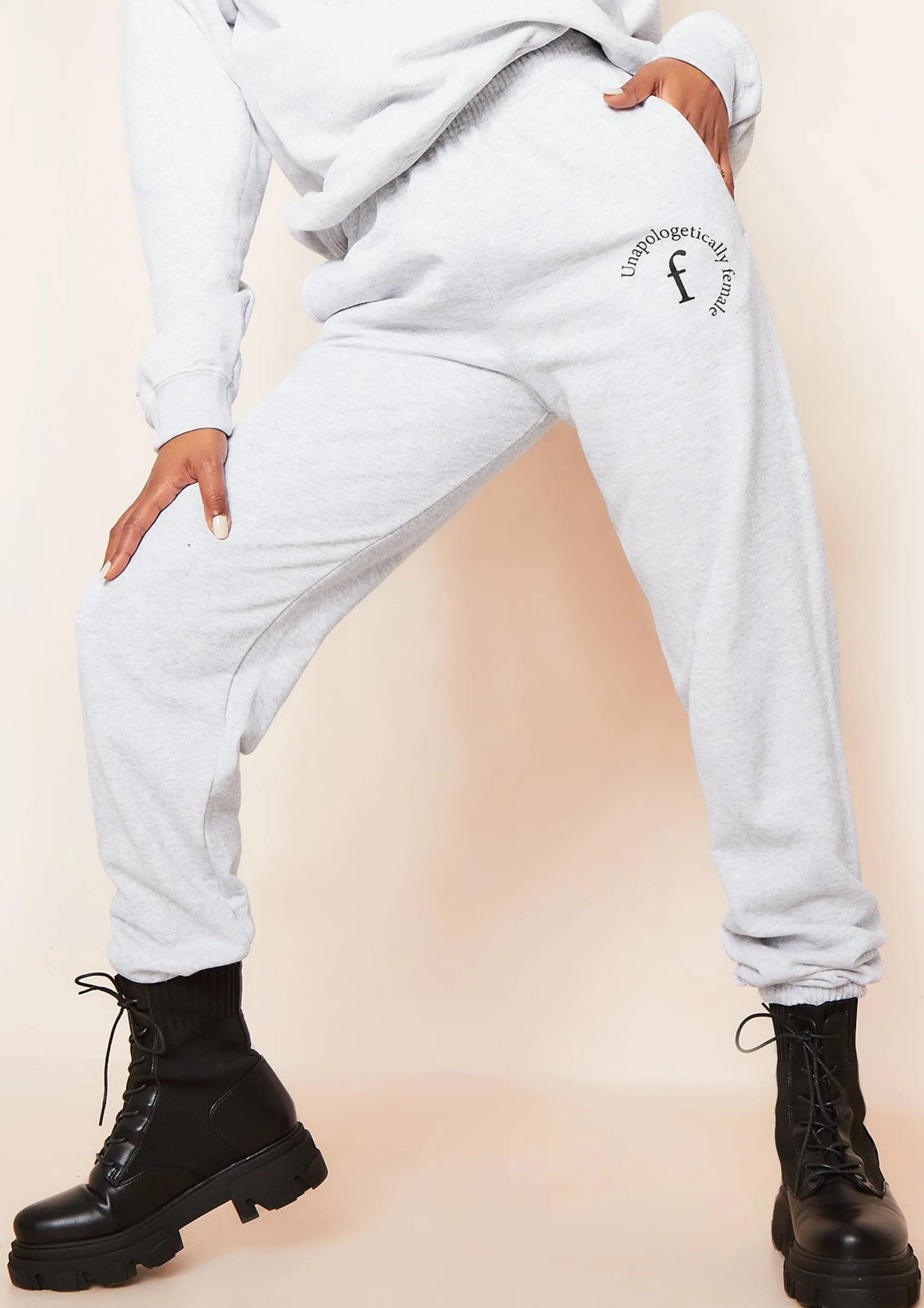 Missy Empire Lila Grey Unapologetically Female Slogan Oversized Tracksuit Joggers^Women Loungewear