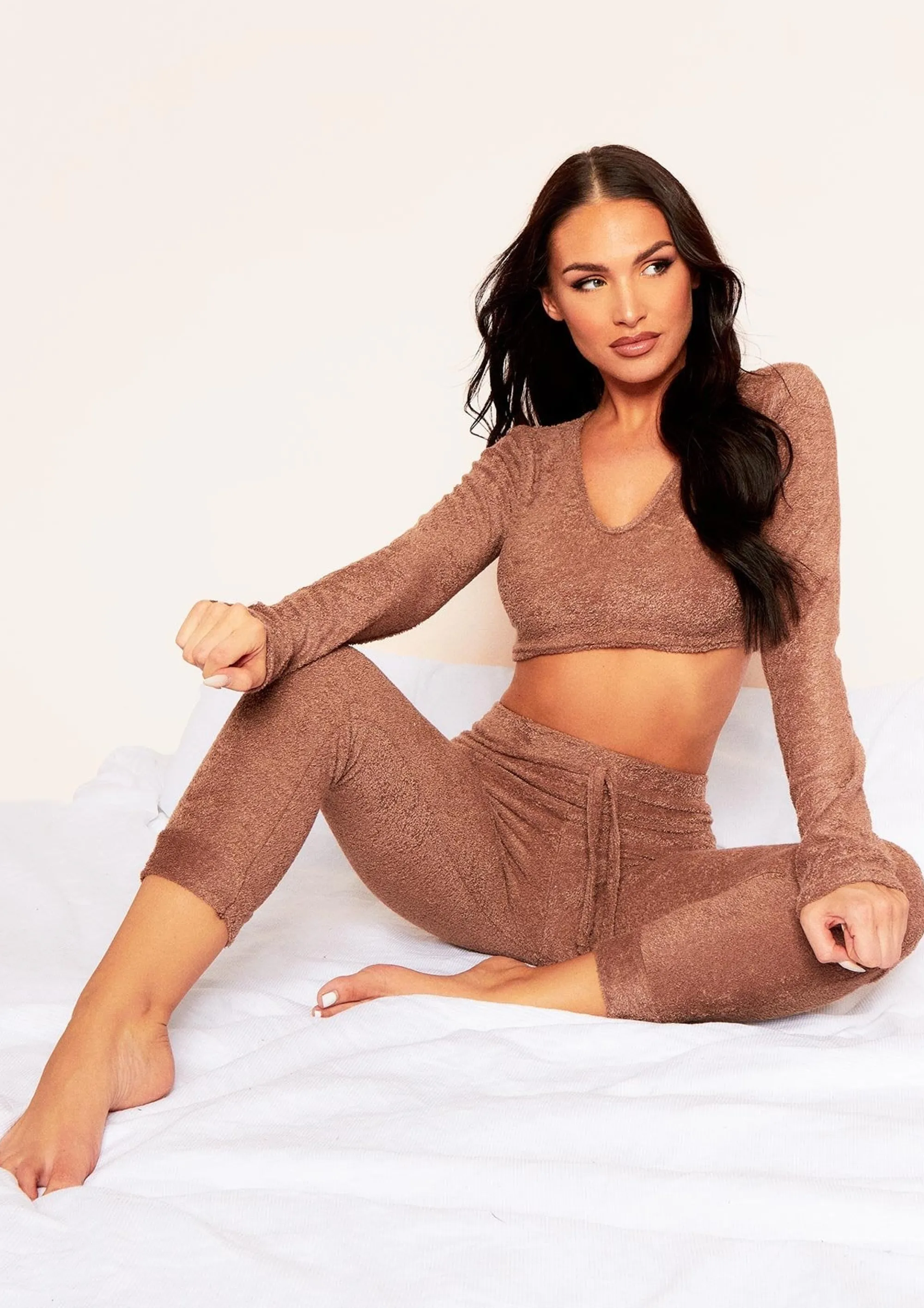 Missy Empire Lila Mocha Soft Towelling Plunge Neck Long Sleeve Crop Top Discount