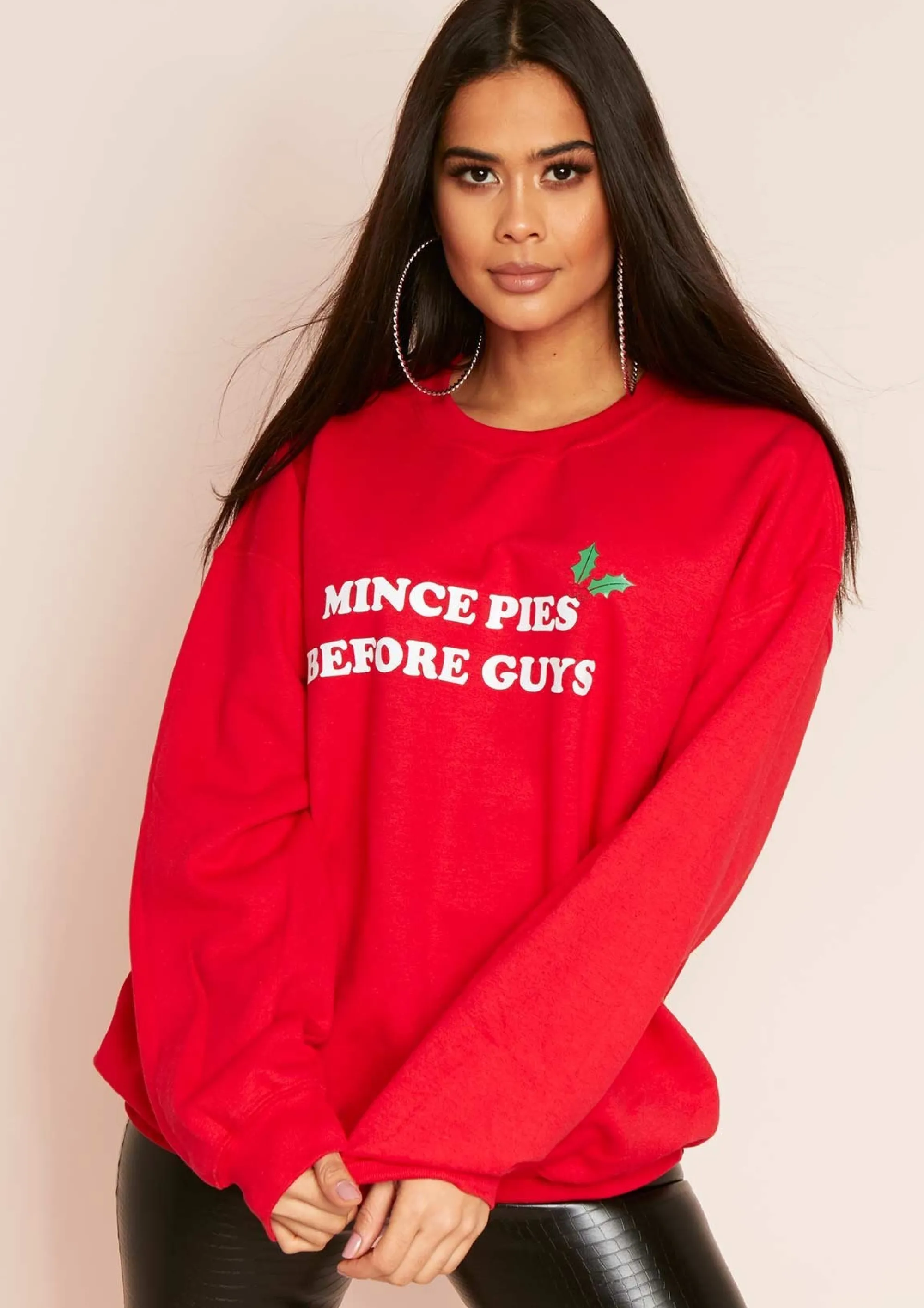 Missy Empire Lissy Red 'Mince Pies Before Guys' Christmas Slogan Sweatshirt Best