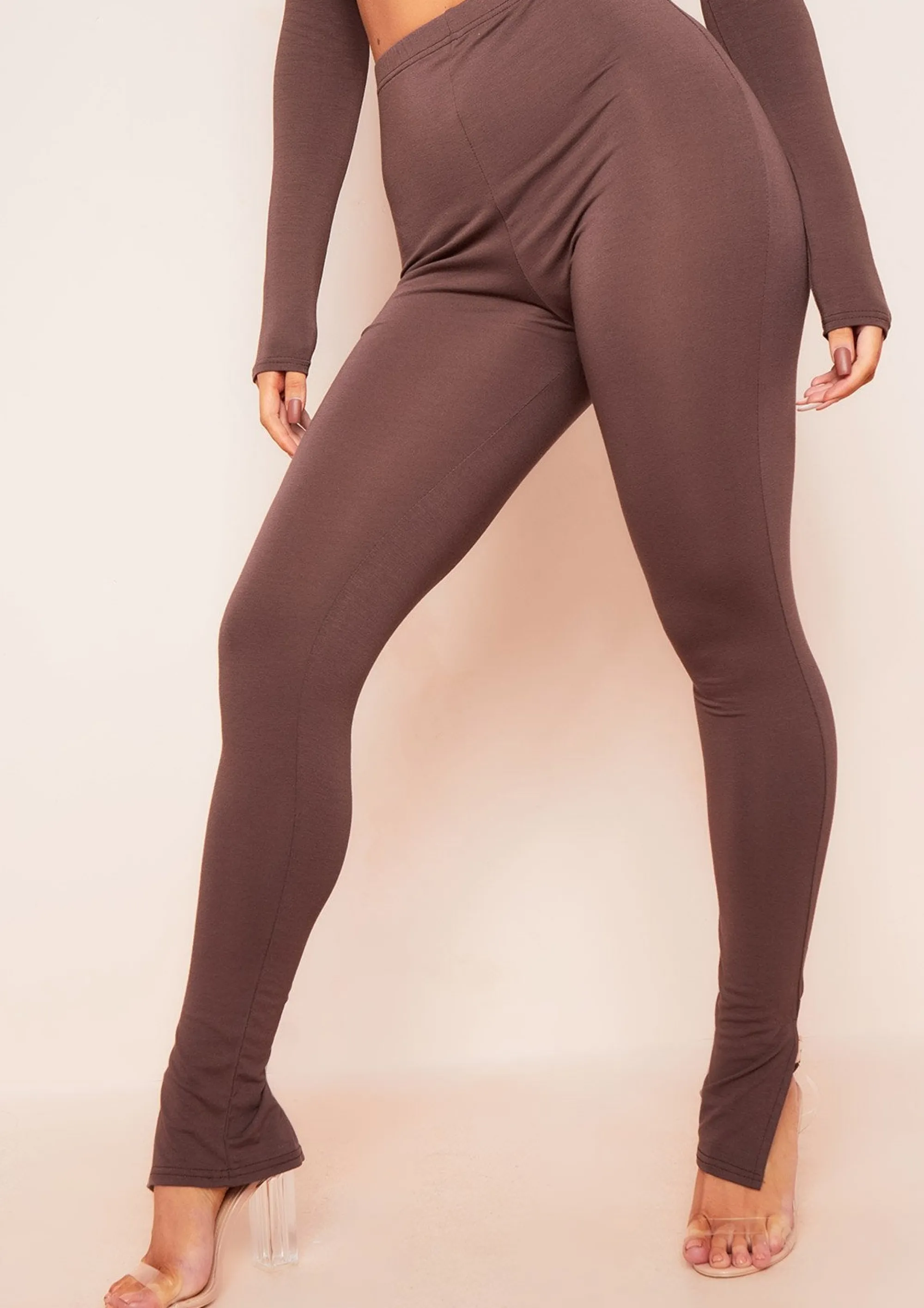 Missy Empire Lola Chocolate Split Hem Leggings^Women Loungewear