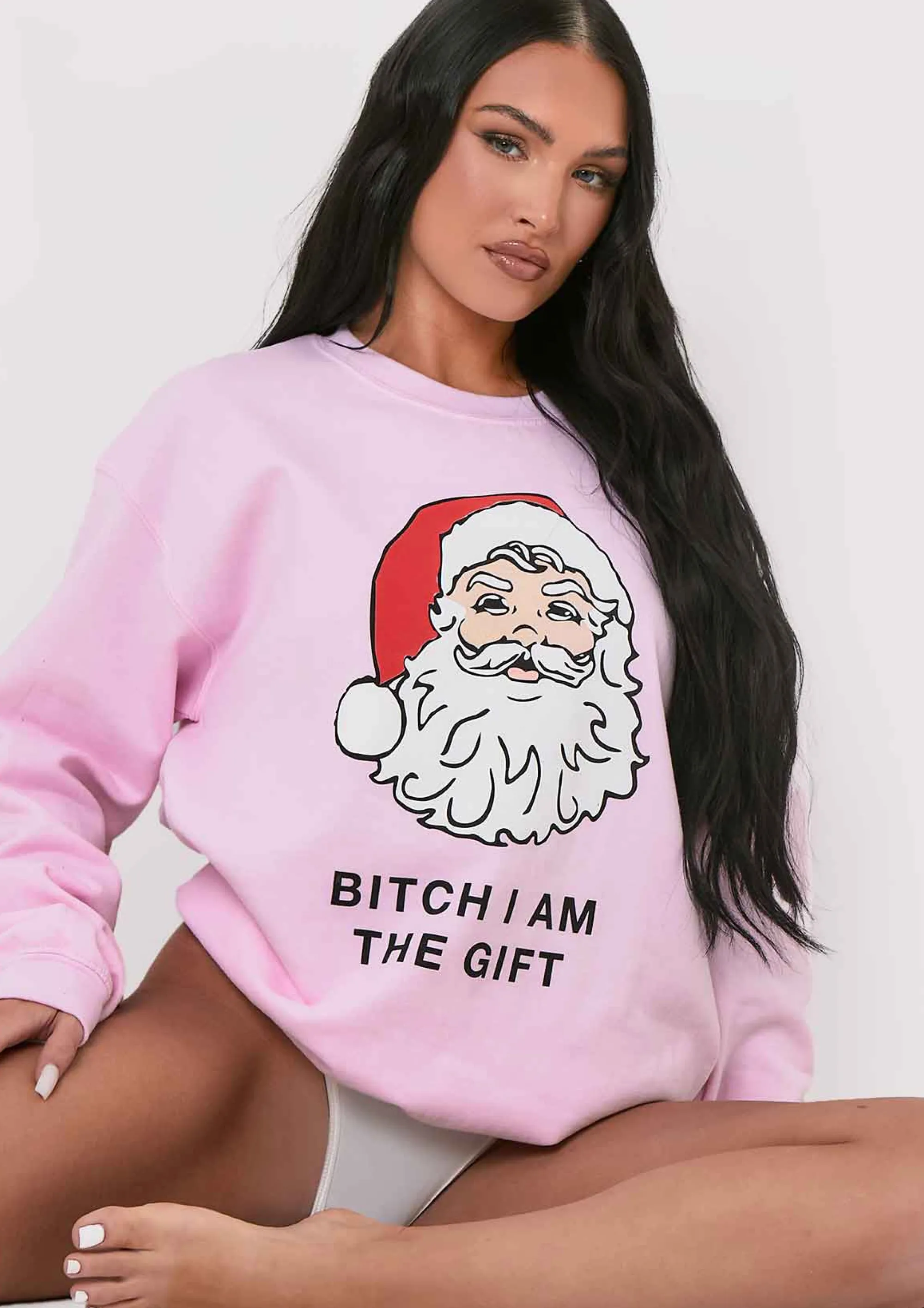 Missy Empire Lora Pink 'Bitch I Am The Gift' Santa Slogan Sweatshirt Store