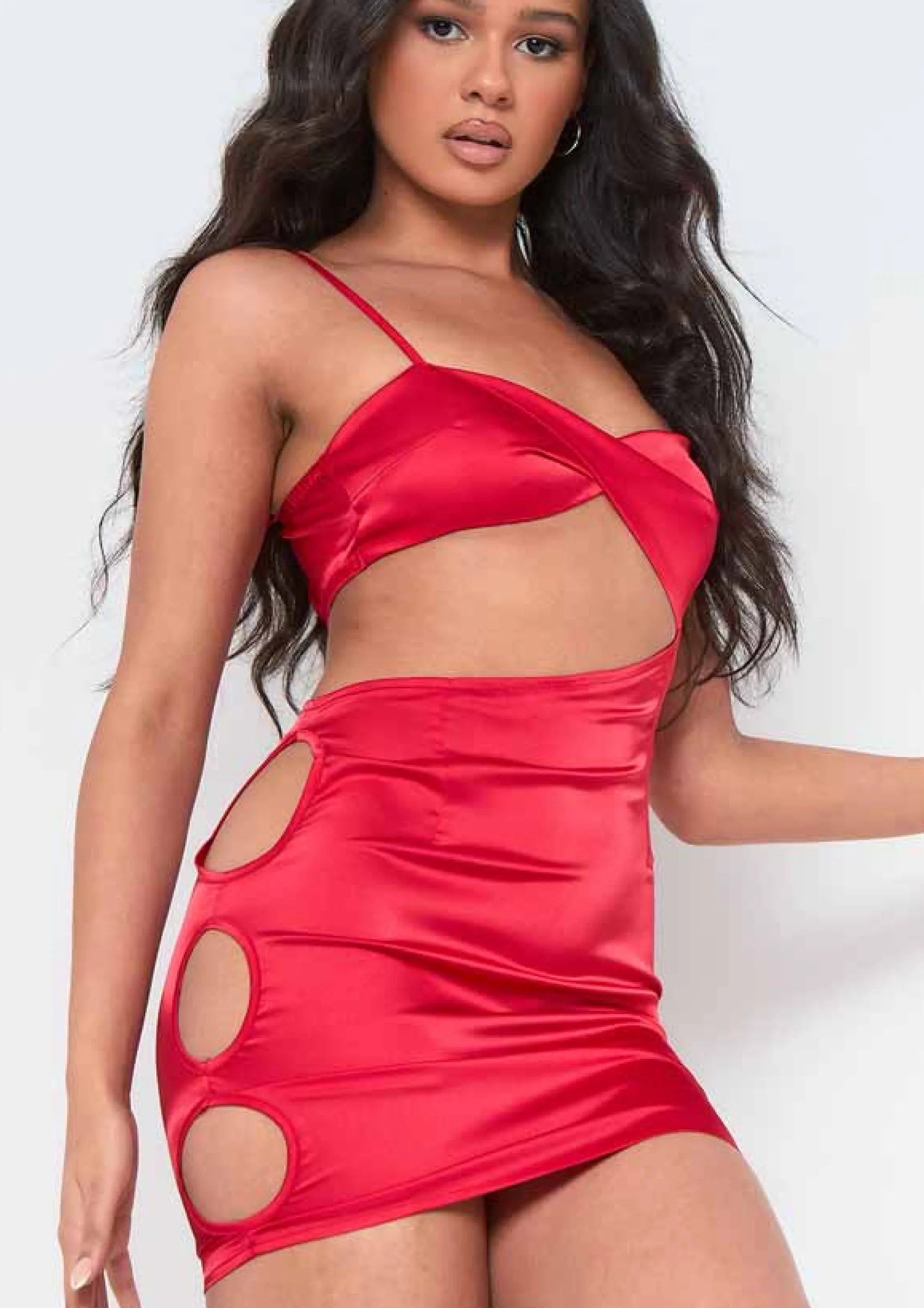 Missy Empire Lorna Red Satin Cut Out Side Mini Dress^Women Dresses