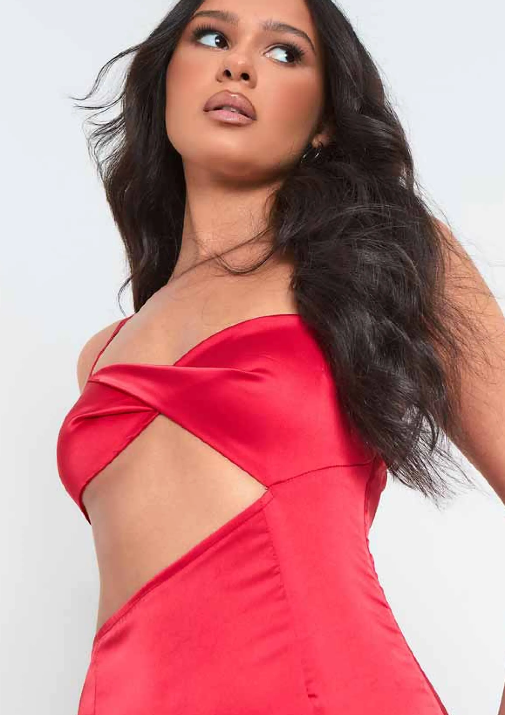 Missy Empire Lorna Red Satin Cut Out Side Mini Dress^Women Dresses