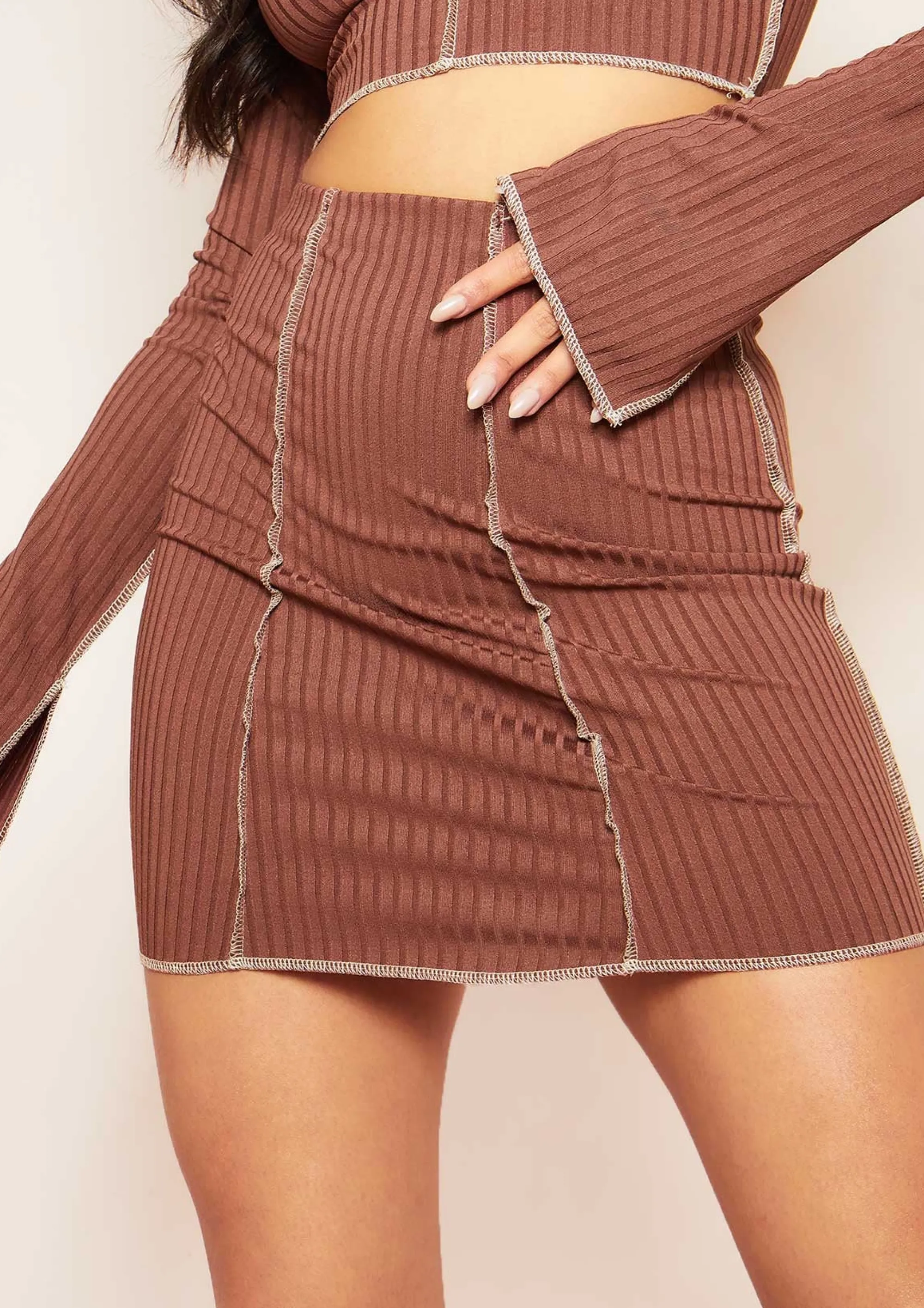 Missy Empire Louana Chocolate Contrast Stitch Ribbed Mini Skirt Hot
