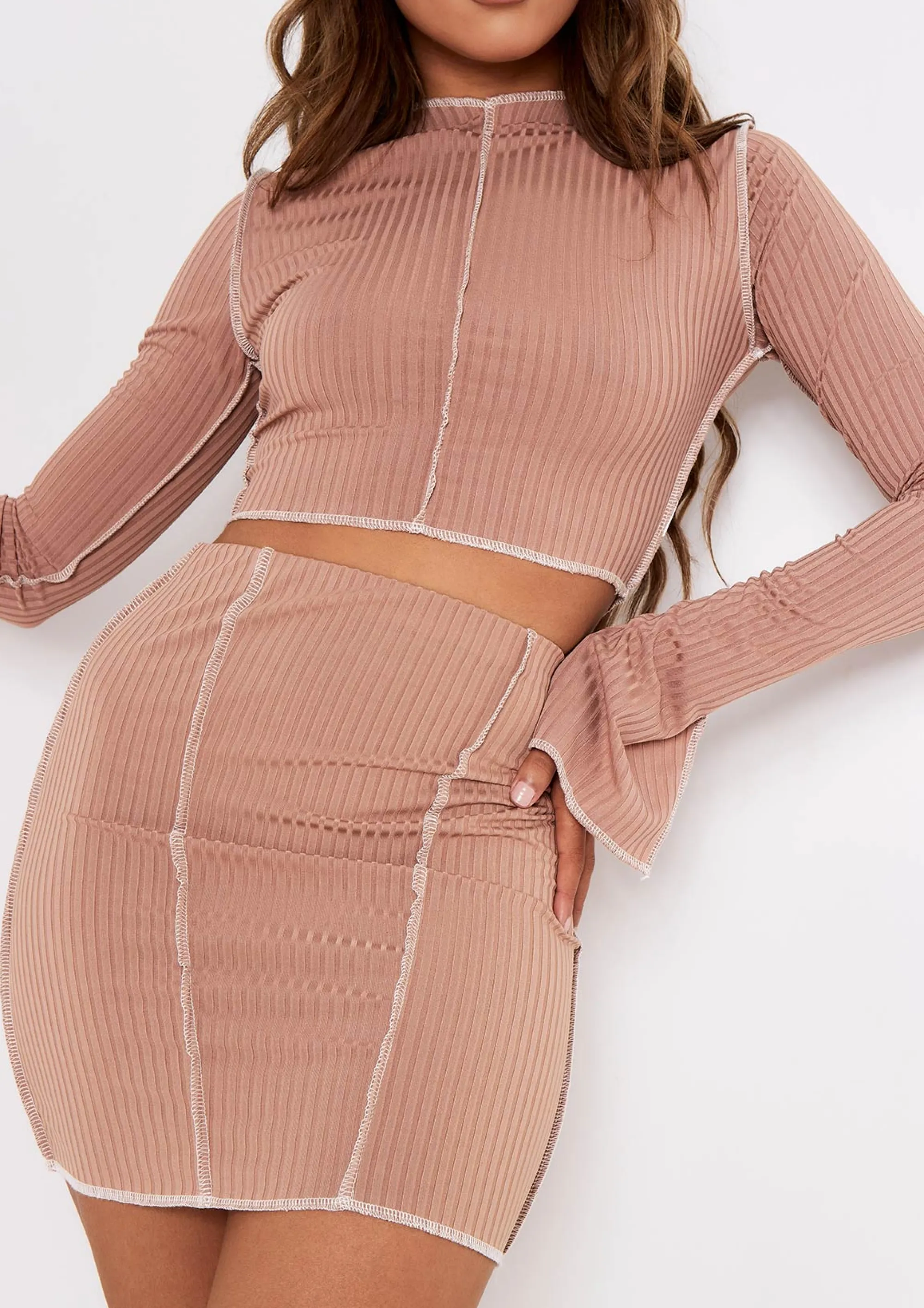 Missy Empire Louana Mocha Cream Contrast Stitch Ribbed Mini Skirt Outlet