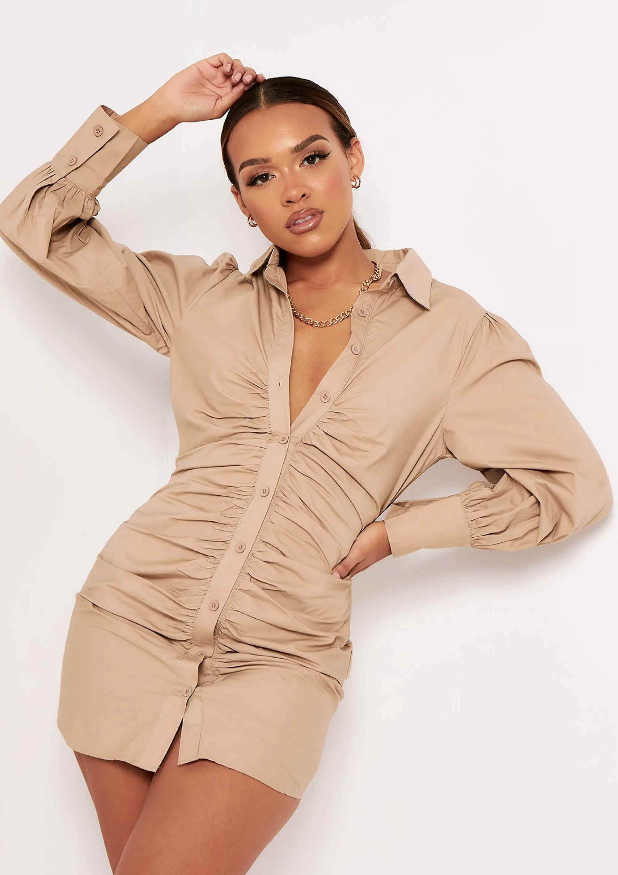 Missy Empire Lucia Beige Ruched Front Mini Shirt Dress^Women Dresses