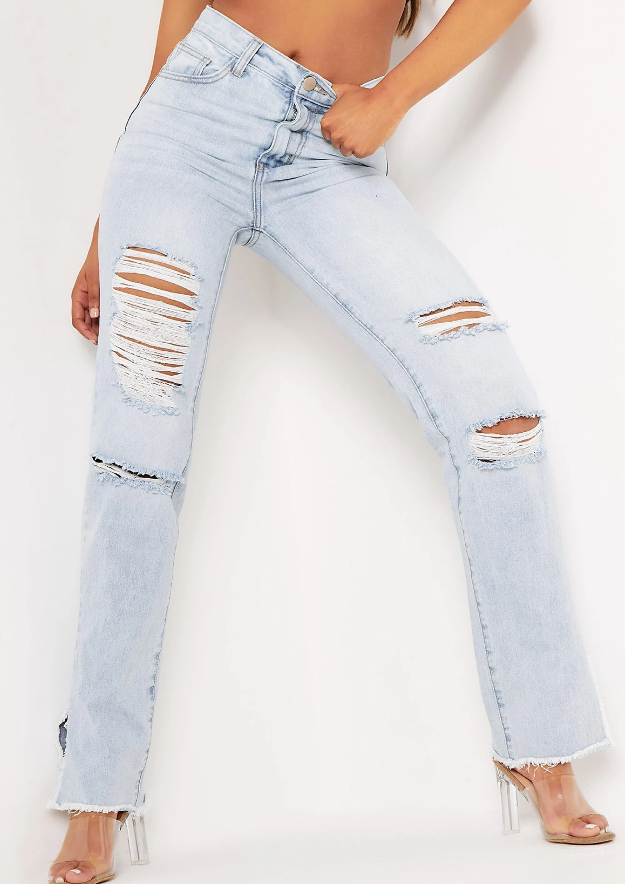 Missy Empire Lucie Denim Light Wash Distressed Split Raw Hem Jeans Cheap