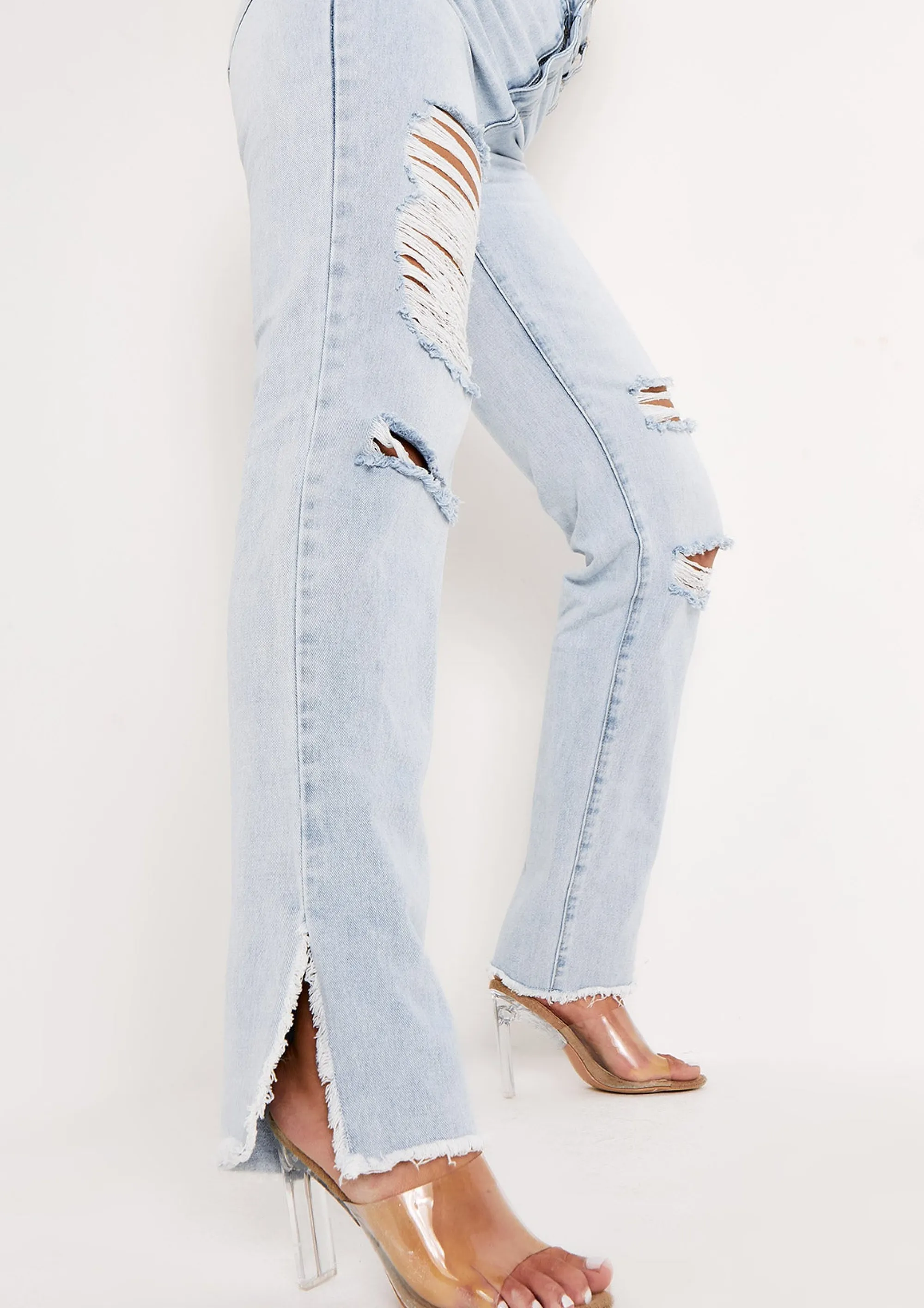 Missy Empire Lucie Denim Light Wash Distressed Split Raw Hem Jeans Cheap