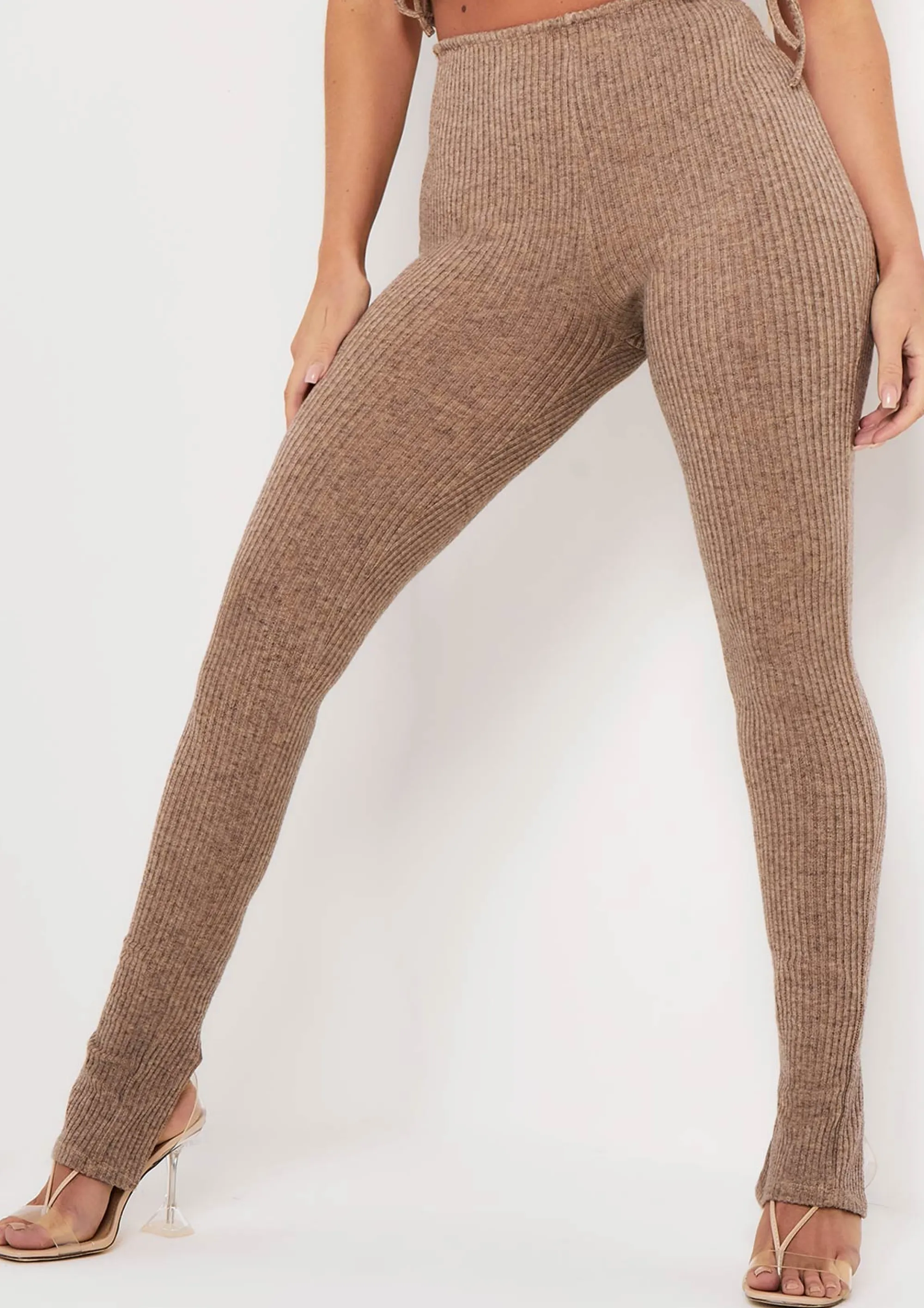 Missy Empire Lucy Mocha Rib Split Hem Legging^Women Leggings