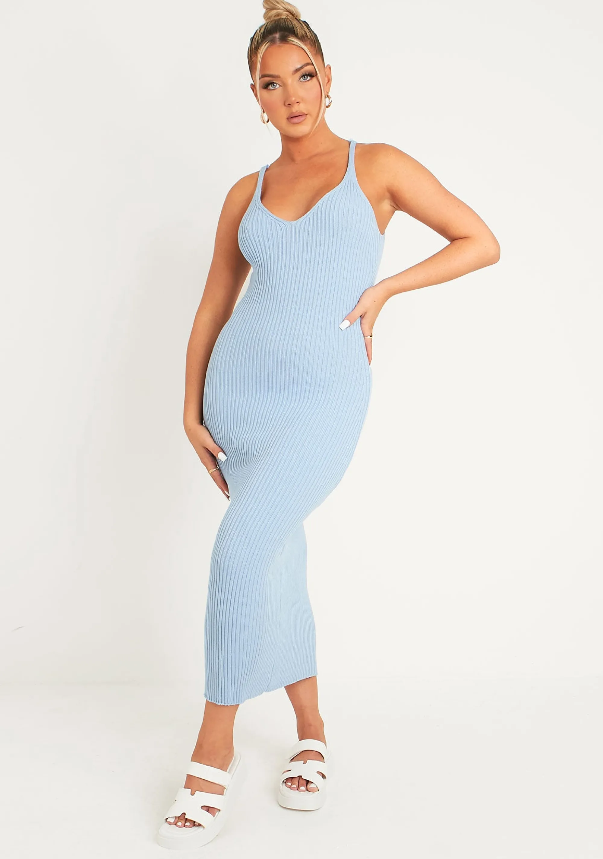 Missy Empire Luella Blue Rib Knit Midi Dress^Women Dresses