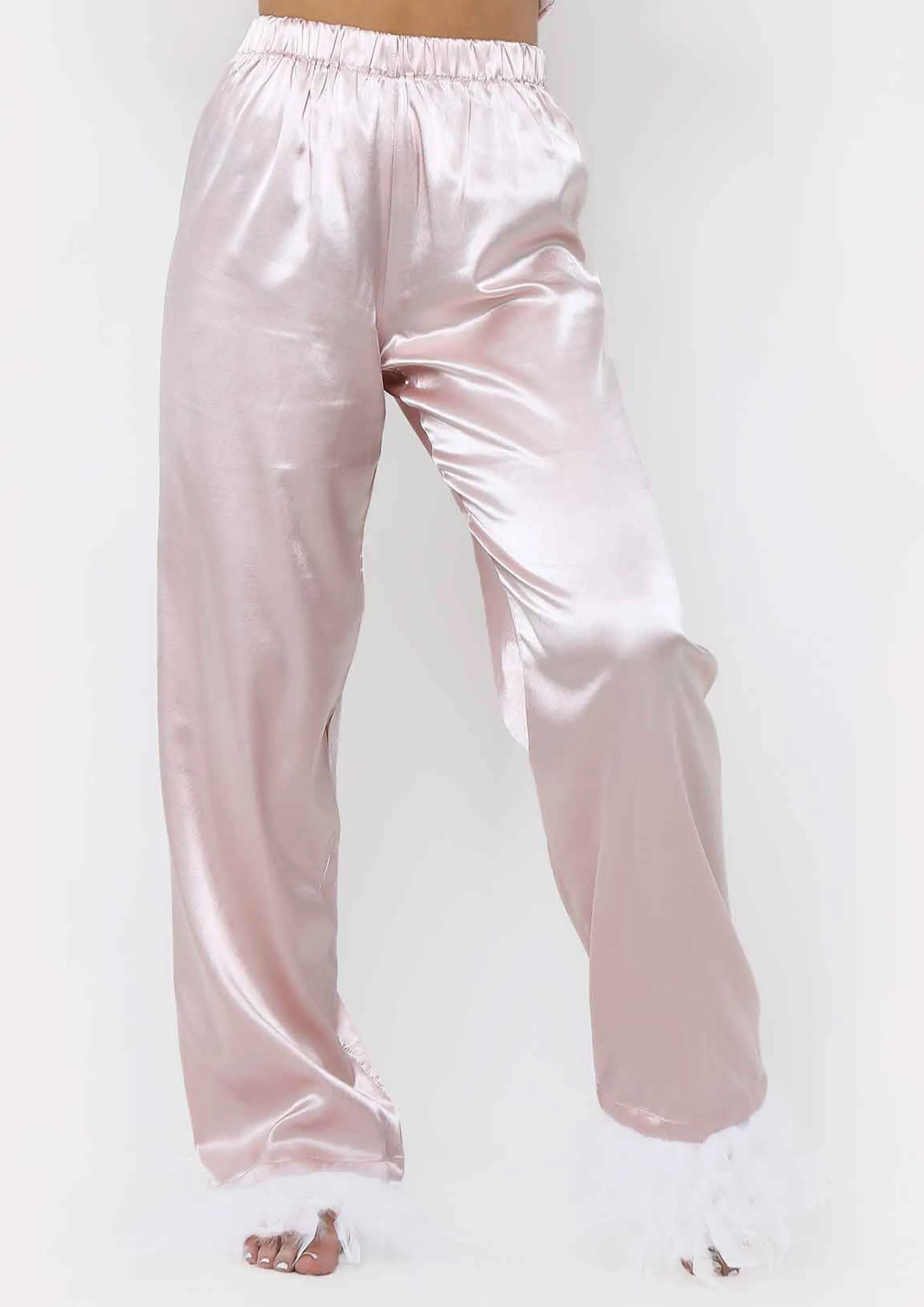 Missy Empire Lydia Blush Feather Hem Satin Pyjama Set^Women Nightwear