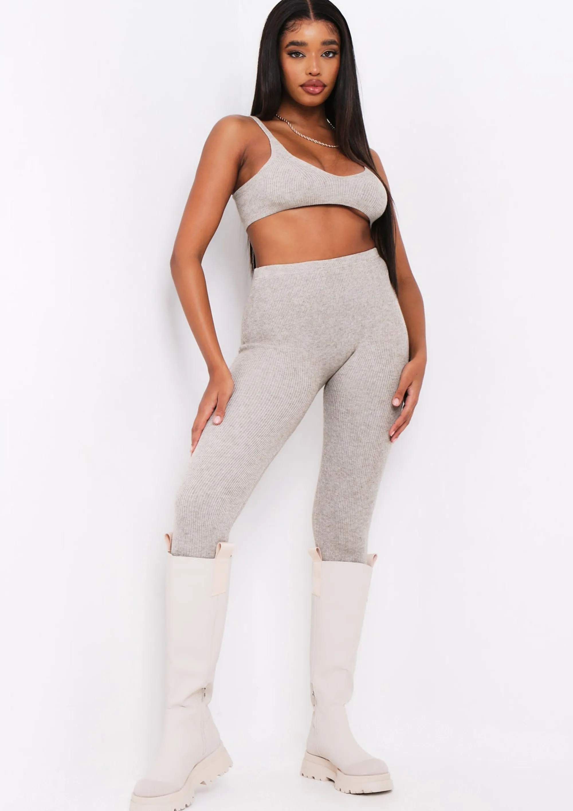 Missy Empire Lyla Oatmeal Knitted Ribbed Leggings^Women Loungewear