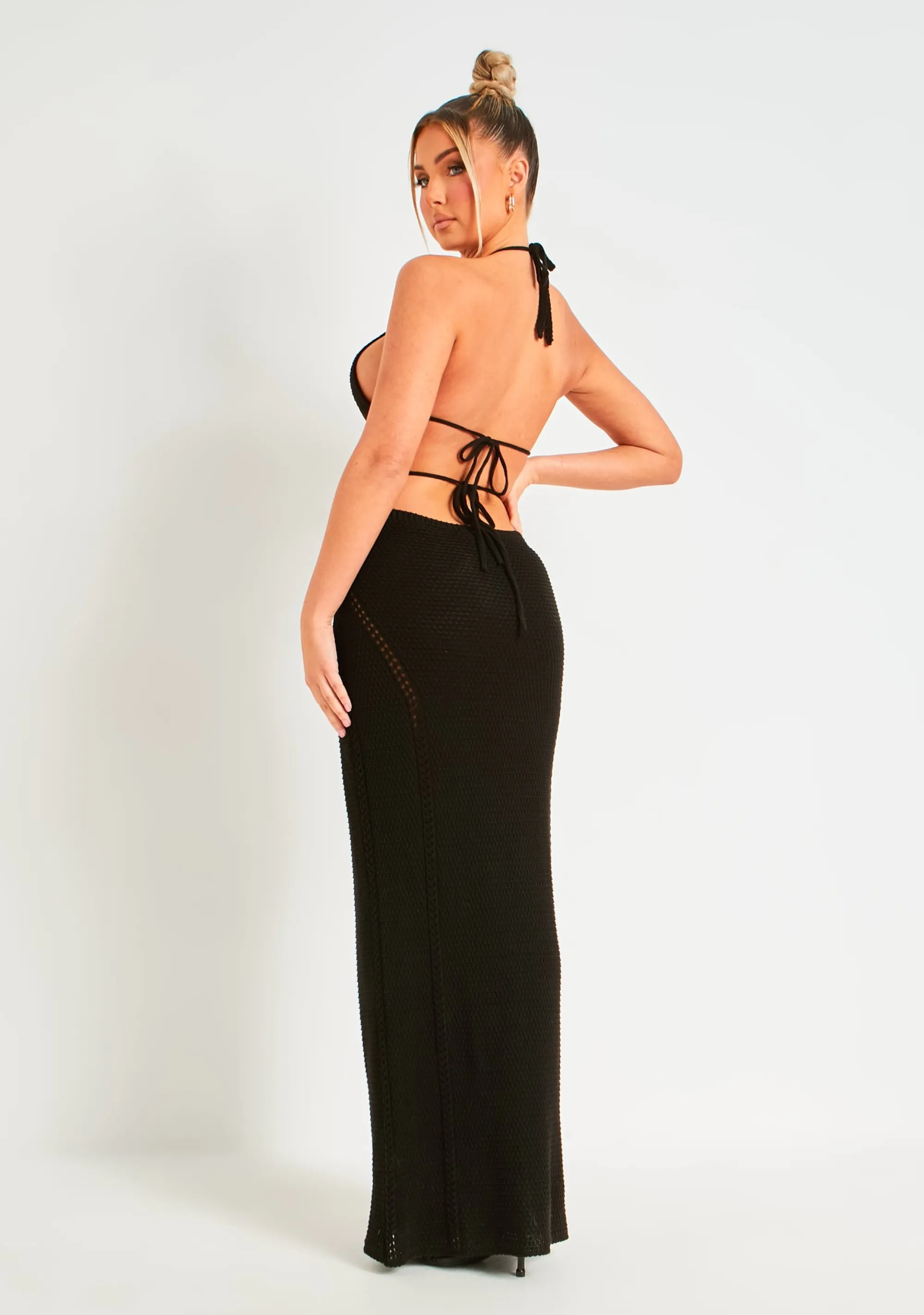 Missy Empire Madison Black Crochet Knit Halterneck Backless Maxi Dress^Women Dresses