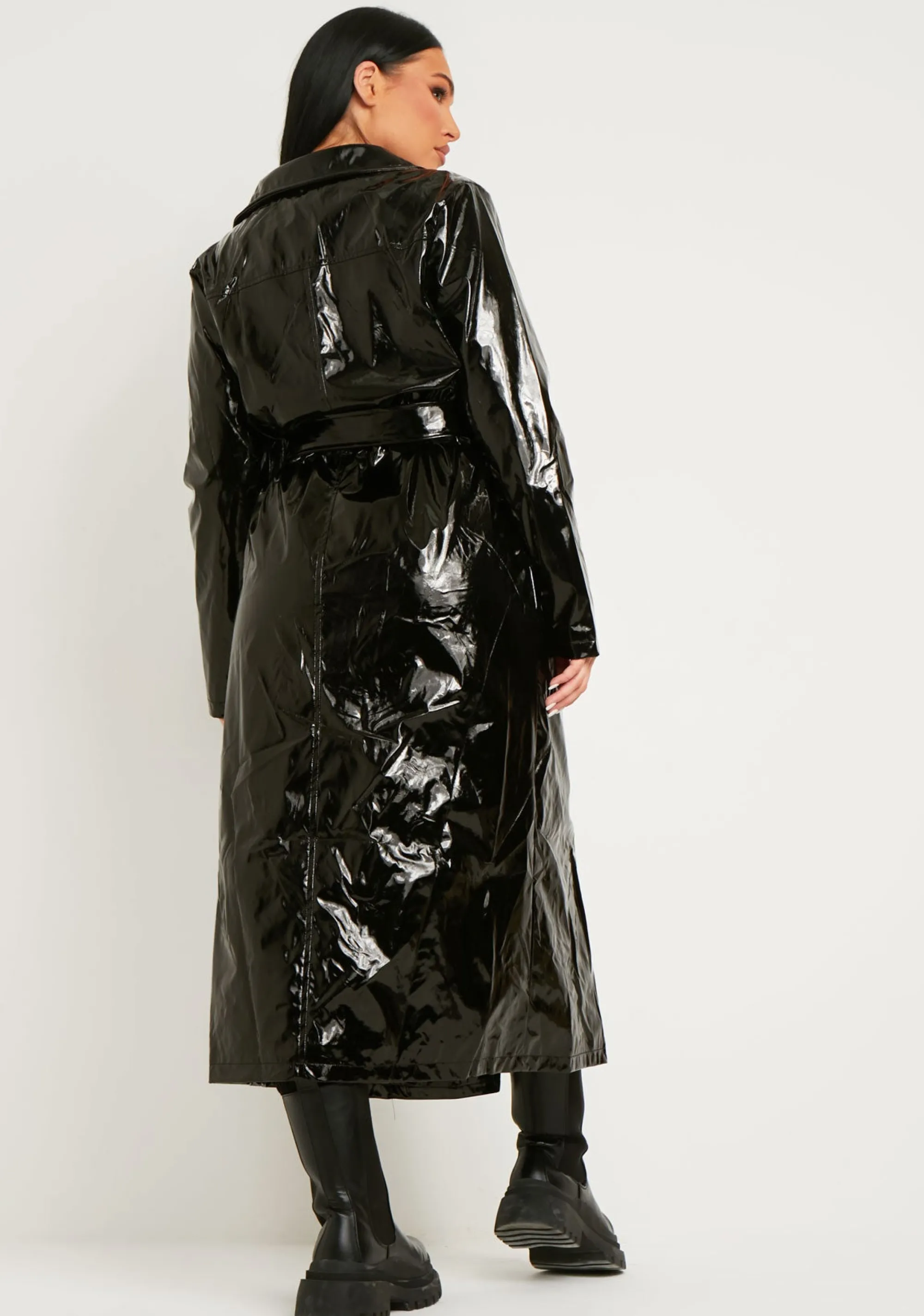 Missy Empire Malin Black Vinyl Faux Leather Belted Button Through Trench Coat Store