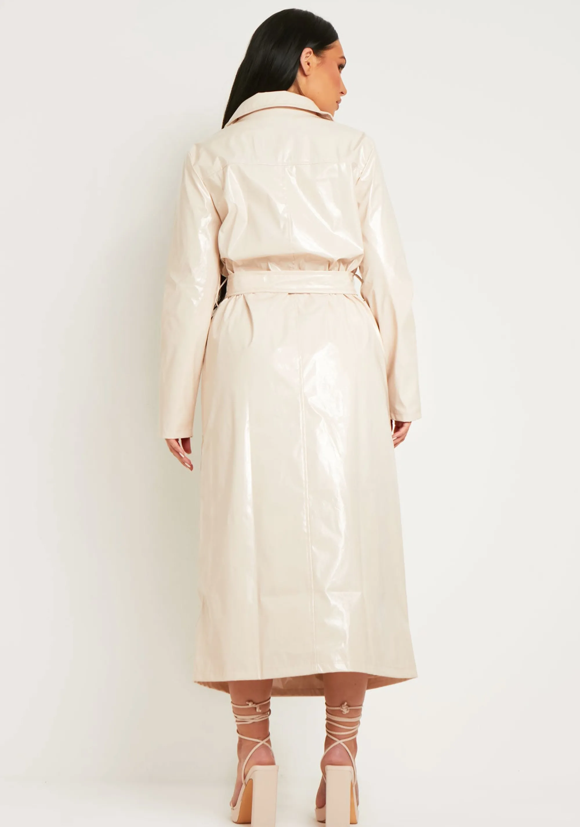 Missy Empire Malin Stone Vinyl Faux Leather Belted Button Through Trench Coat Hot