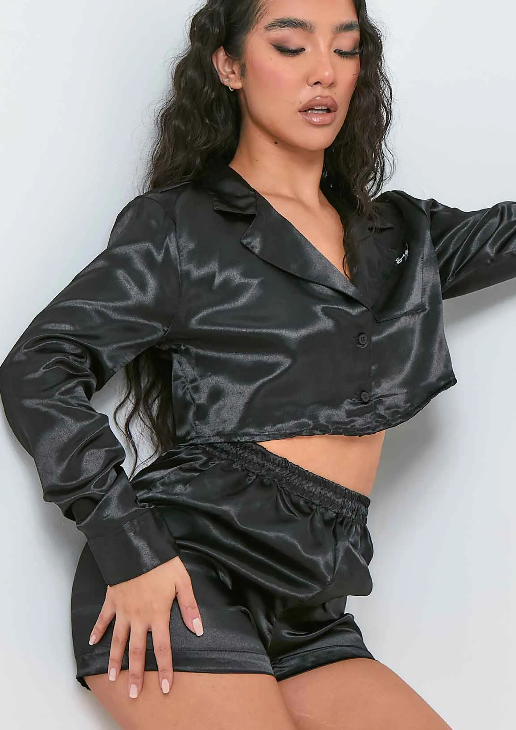Missy Empire Maria Black Missy Embroidered Cropped Shirt Satin Pj Short Set^Women Nightwear