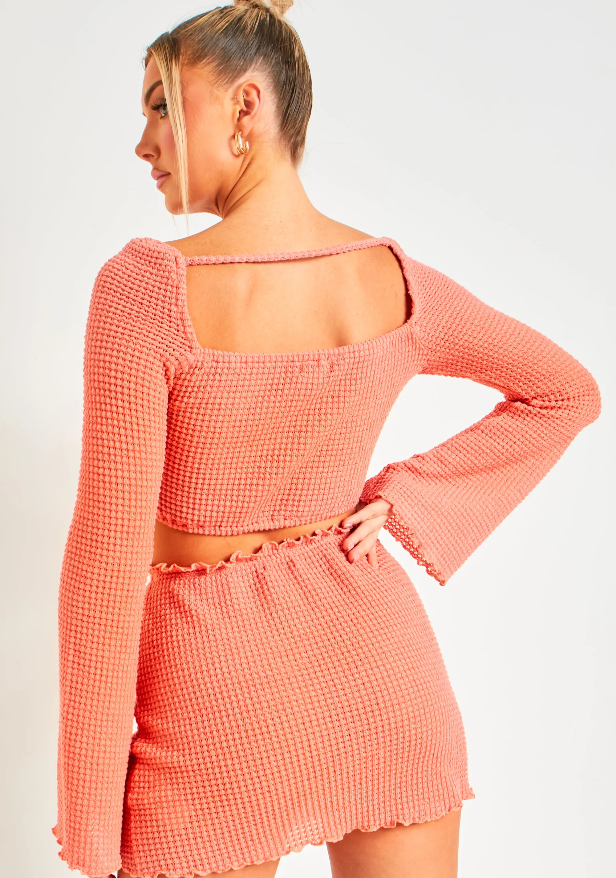 Missy Empire Mariss Peach Waffle Knit Lettuce Hem Square Neck Crop Top Clearance