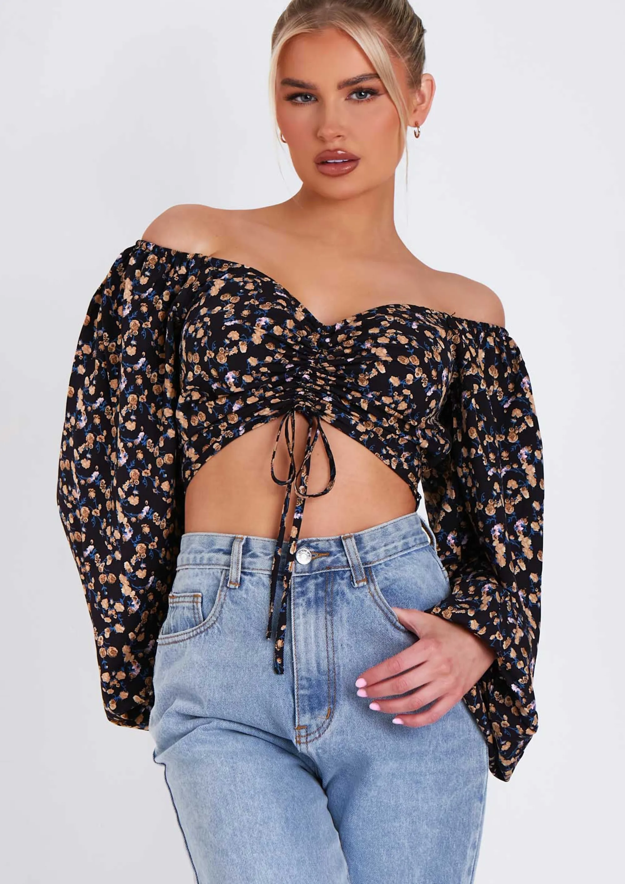 Missy Empire Marla Floral Print Ruched Balloon Sleeve Cropped Blouse Cheap