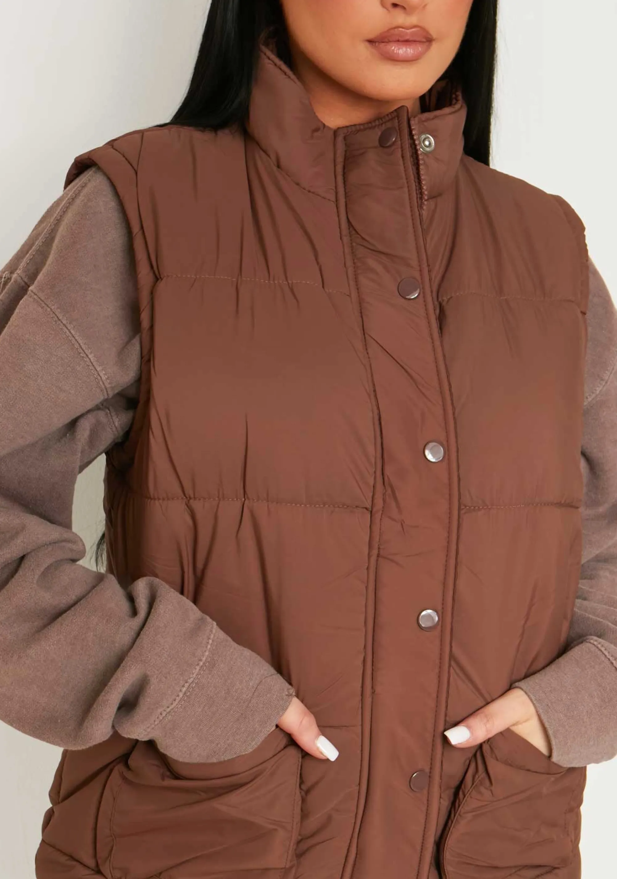 Missy Empire Mary Chocolate Pocket Detail Sleeveless Padded Gilet Clearance