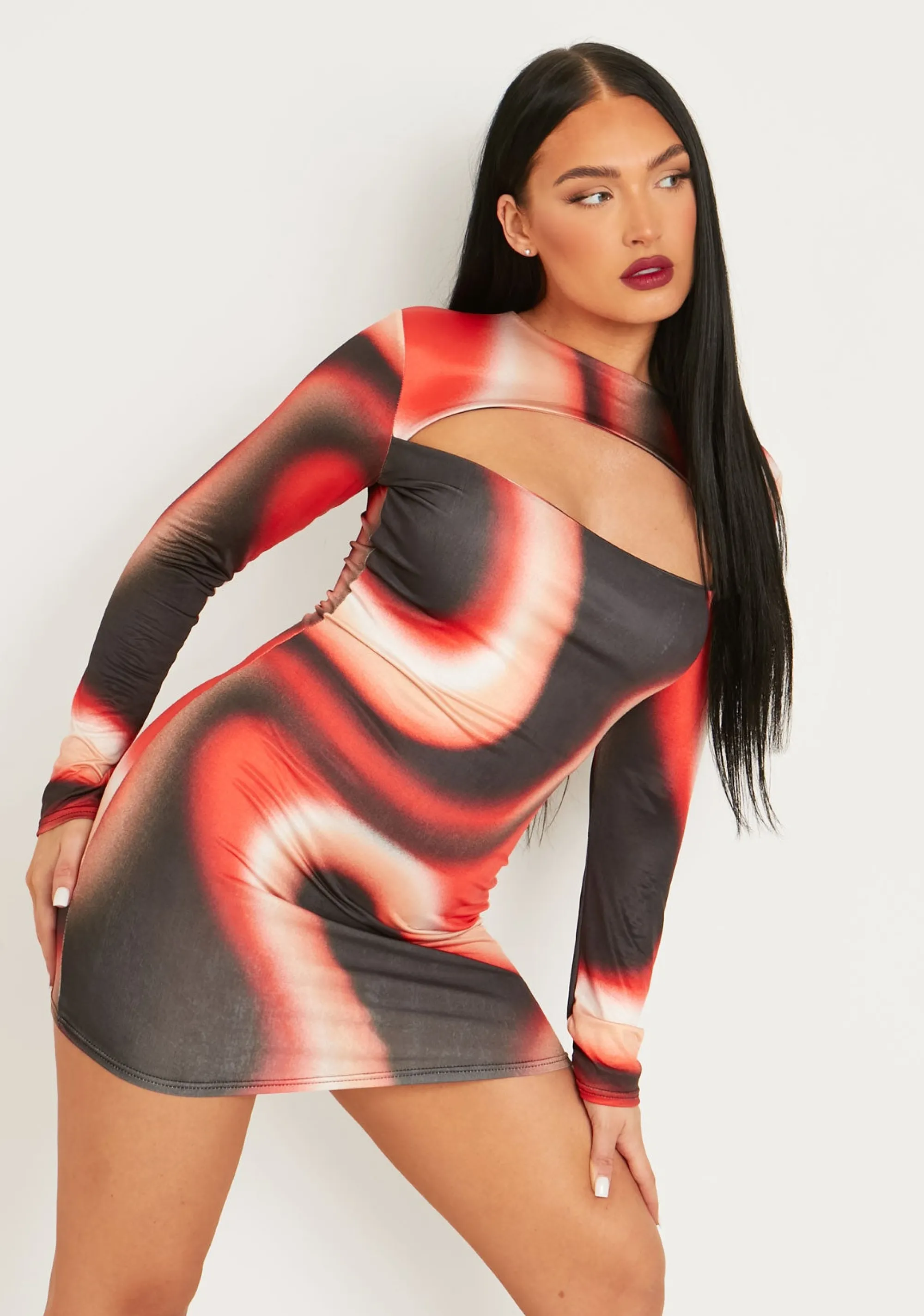 Missy Empire Maryse Red Printed Slinky Cut Out Long Sleeve Mini Dress^Women Dresses