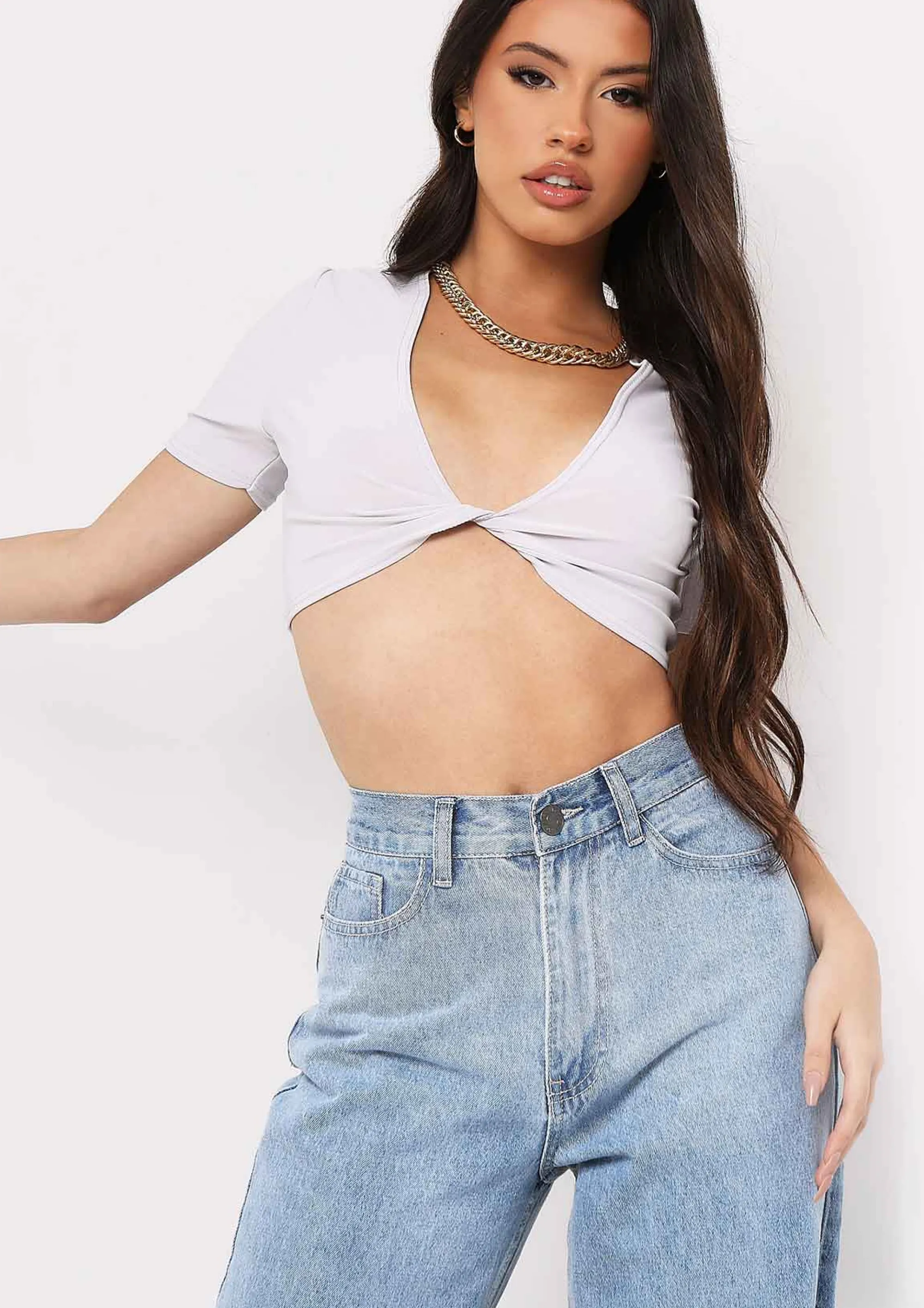 Missy Empire Maya Grey Slinky Twist Front Crop Top Shop