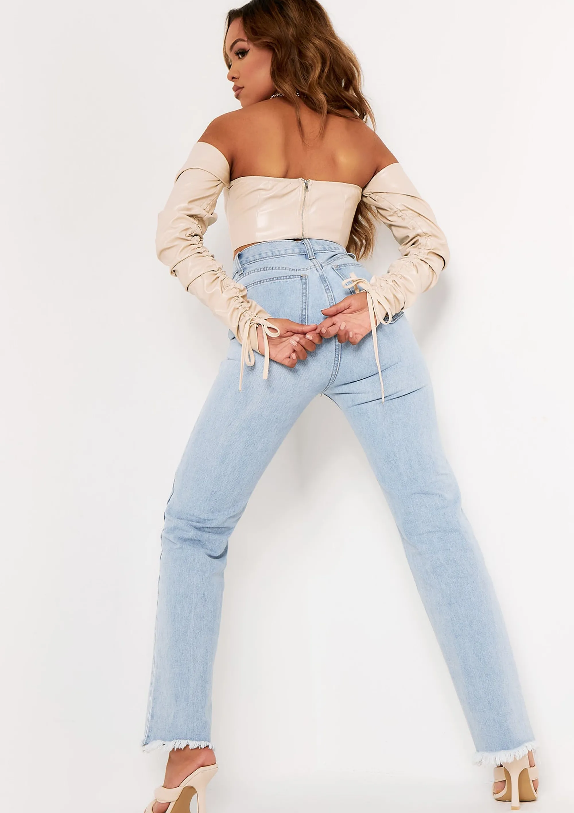 Missy Empire Megan Stone Ruched Arm Pu Corset Top Best Sale