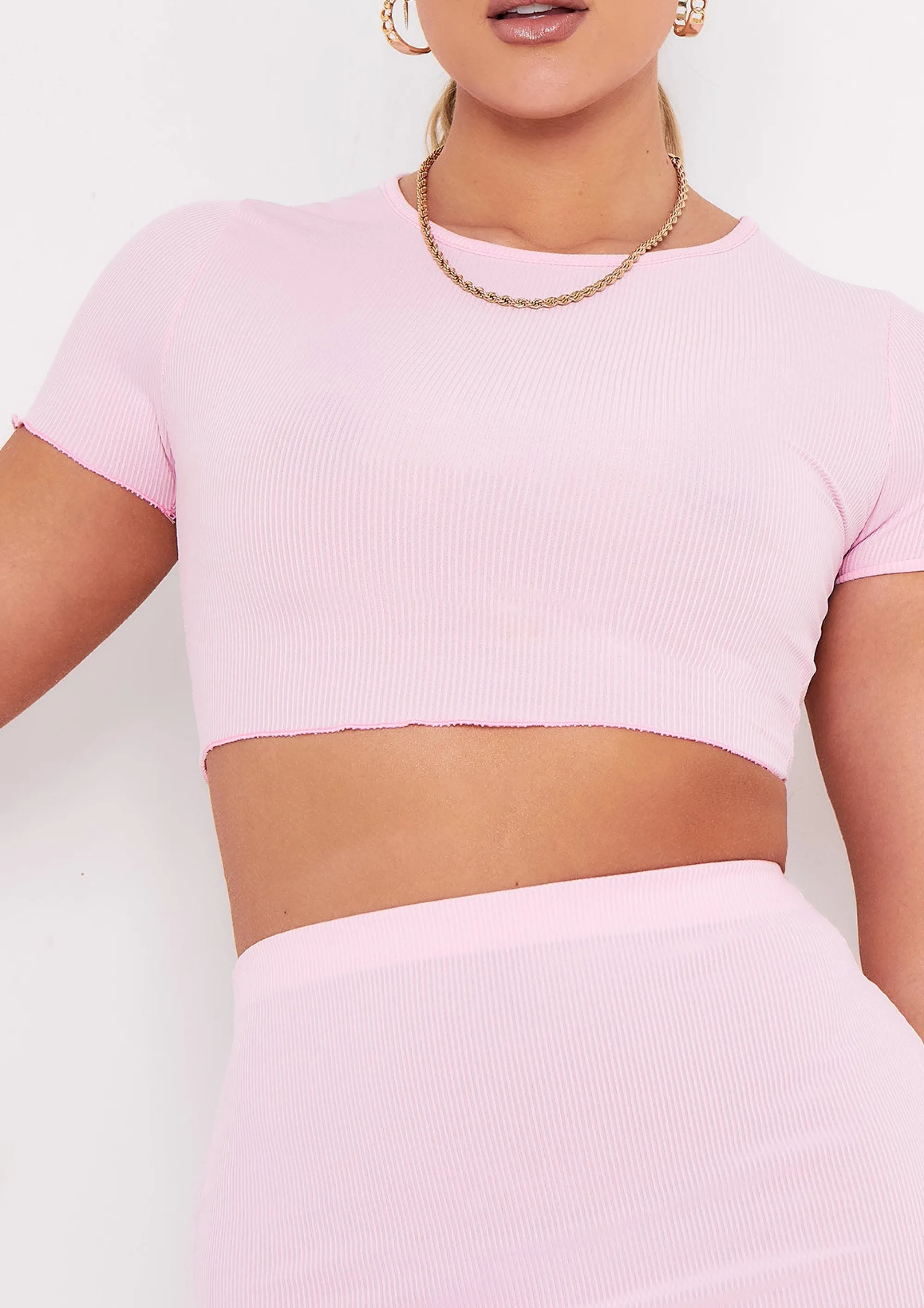 Missy Empire Melody Baby Pink Lettuce Edge Cropped T-Shirt Shop