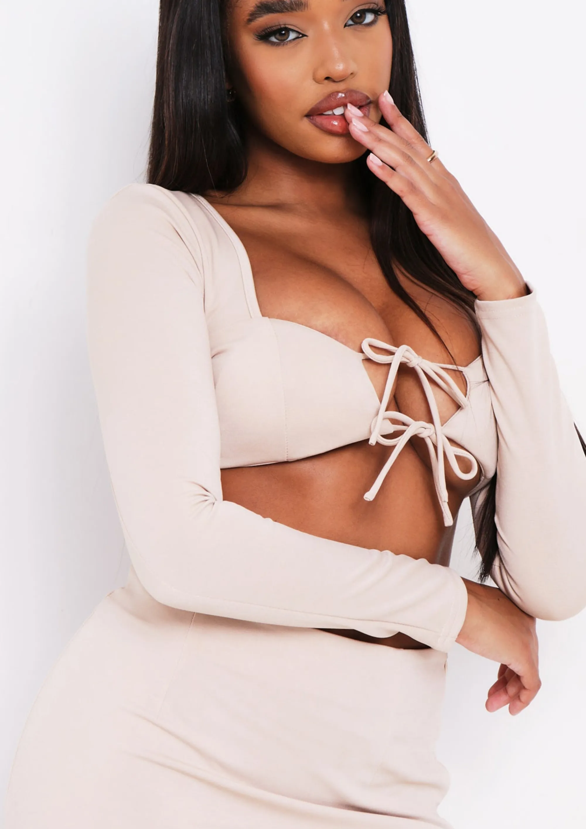 Missy Empire Mina Beige Tie Up Cut Out Long Sleeve Crop Top Fashion