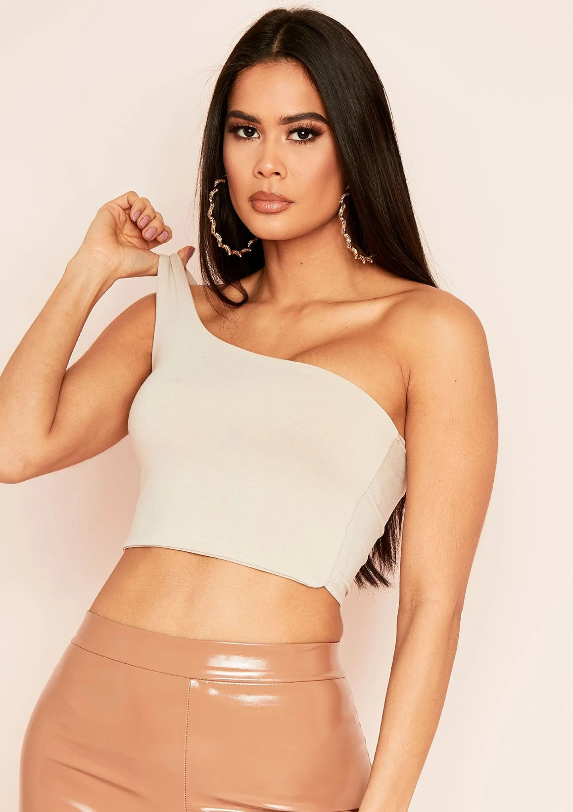 Missy Empire Mira Beige Basic One Shoulder Crop Top^Women Basics