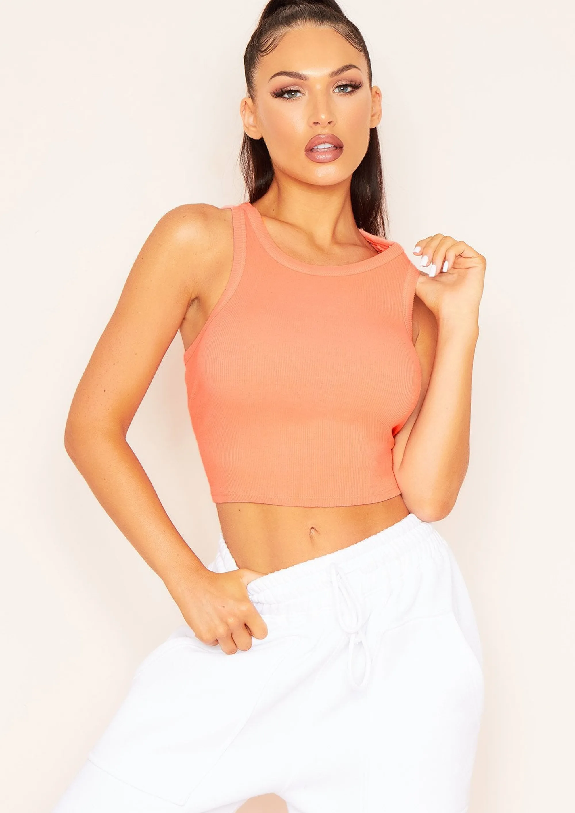 Missy Empire Naomi Peach Ribbed Racer Crop Top Sale