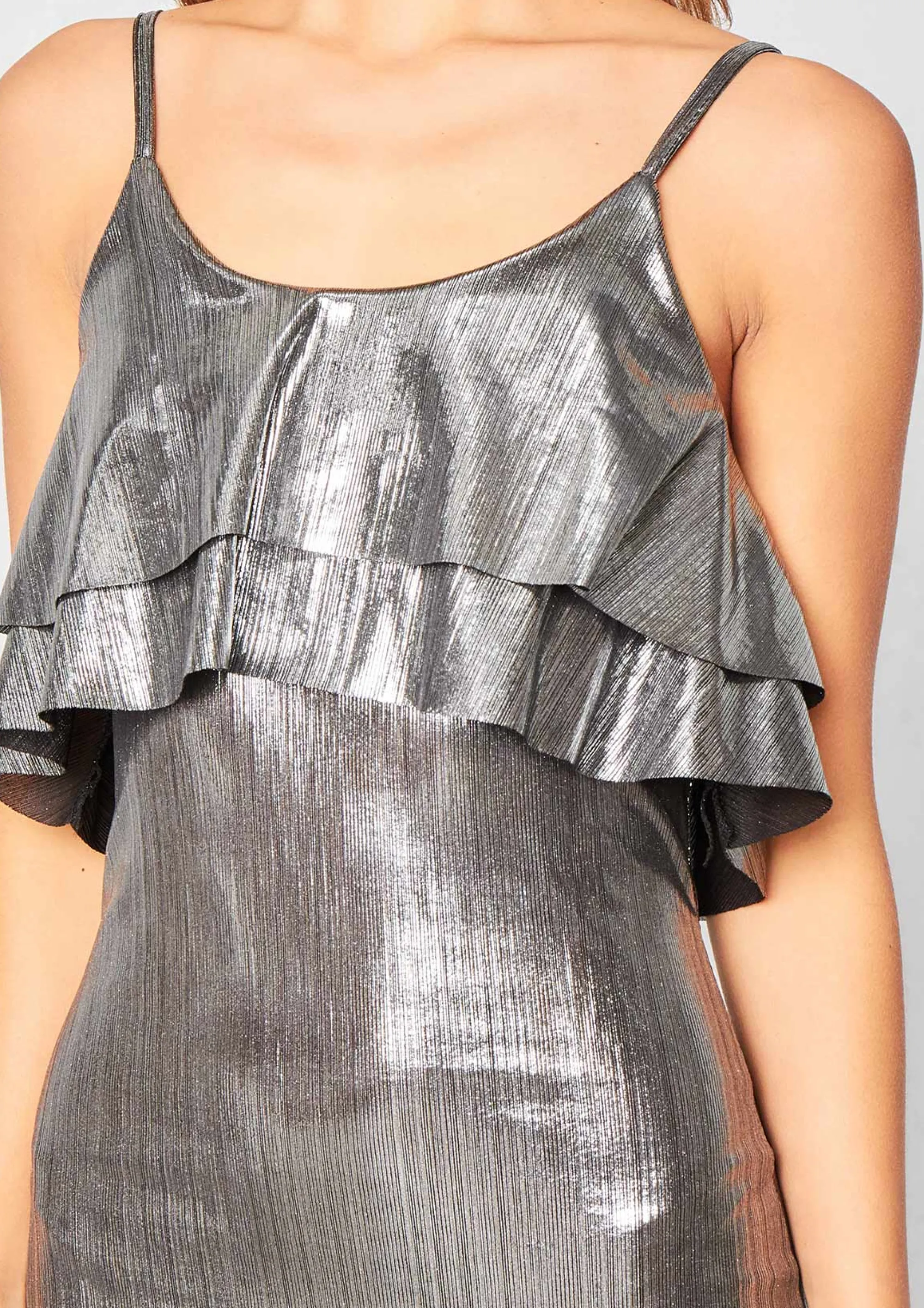 Missy Empire Narella Silver Metallic Frill Midi Dress^Women Dresses