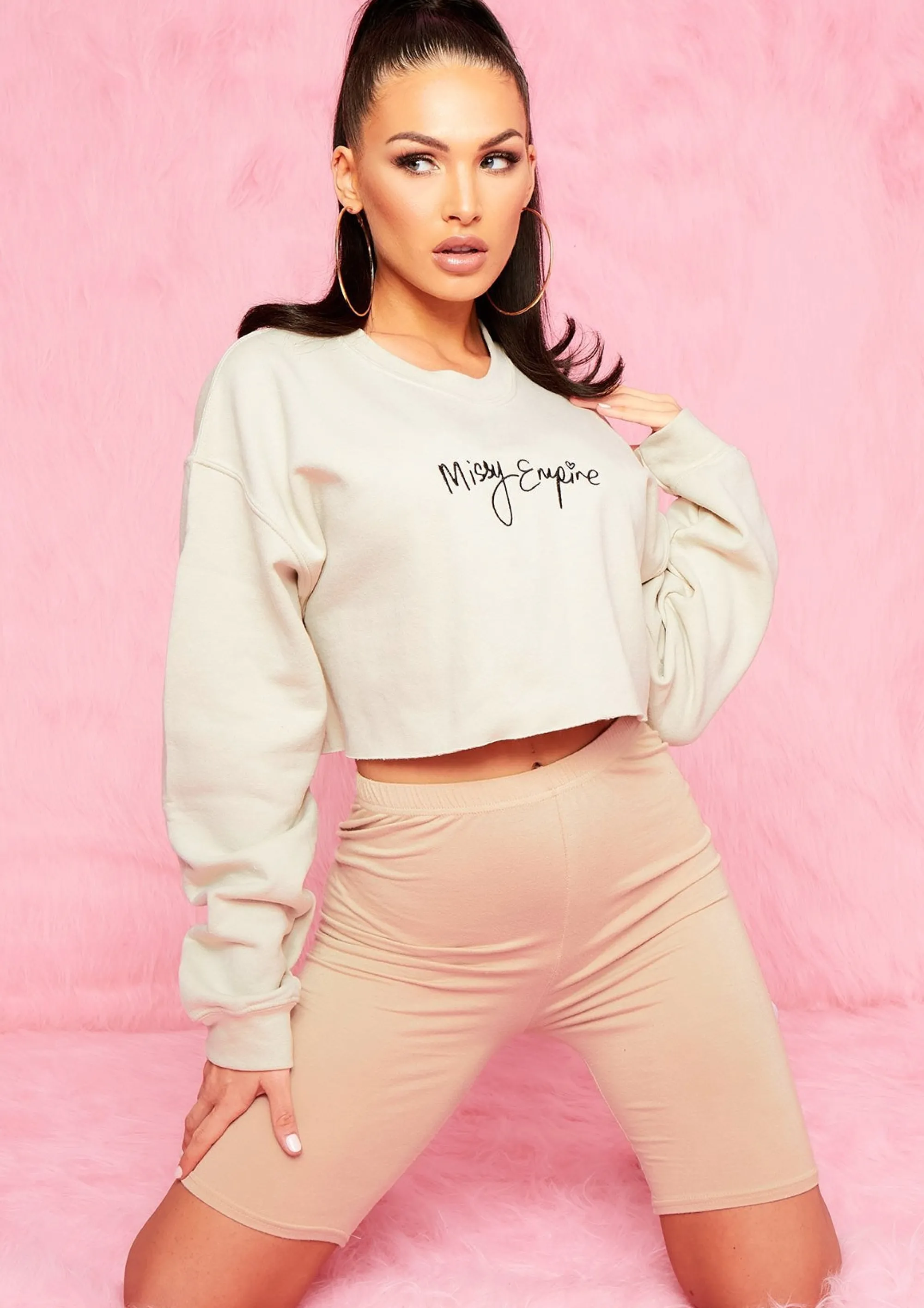 Missy Empire Nicole Sand Branded Slogan Cropped Sweater^Women Loungewear