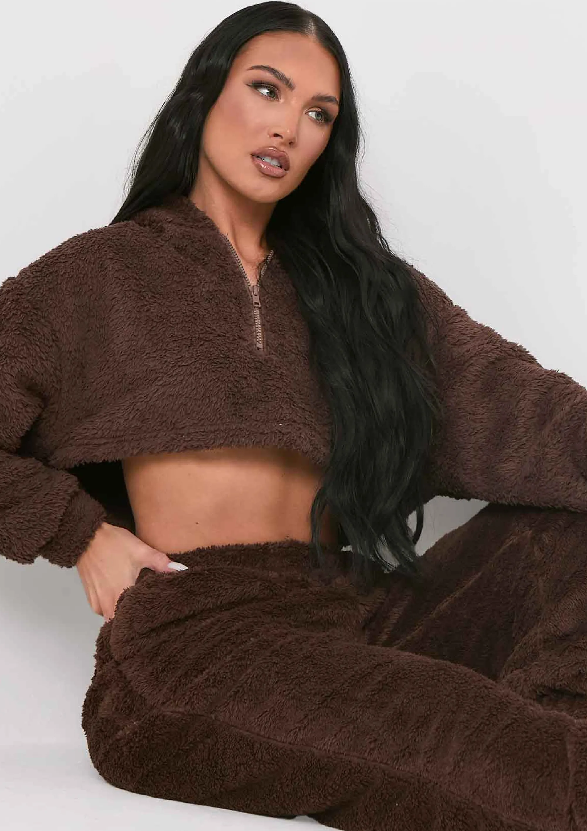 Missy Empire Olivia Chocolate Fluffy Teddy Borg Cropped Zip Up Hoodie^Women Nightwear