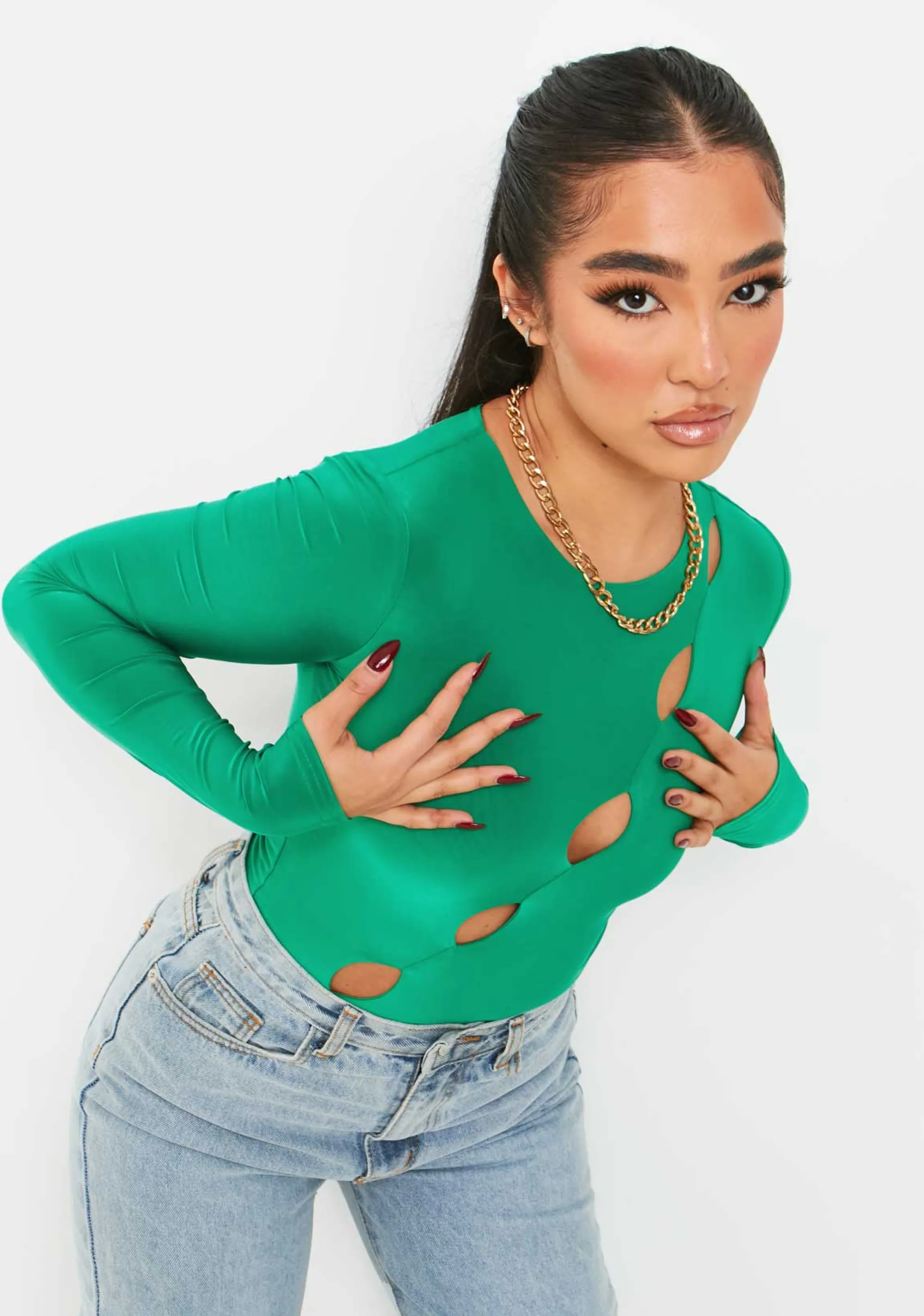 Missy Empire Olivia Green Double Layer Slinky Cut Out Long Sleeve Bodysuit Online