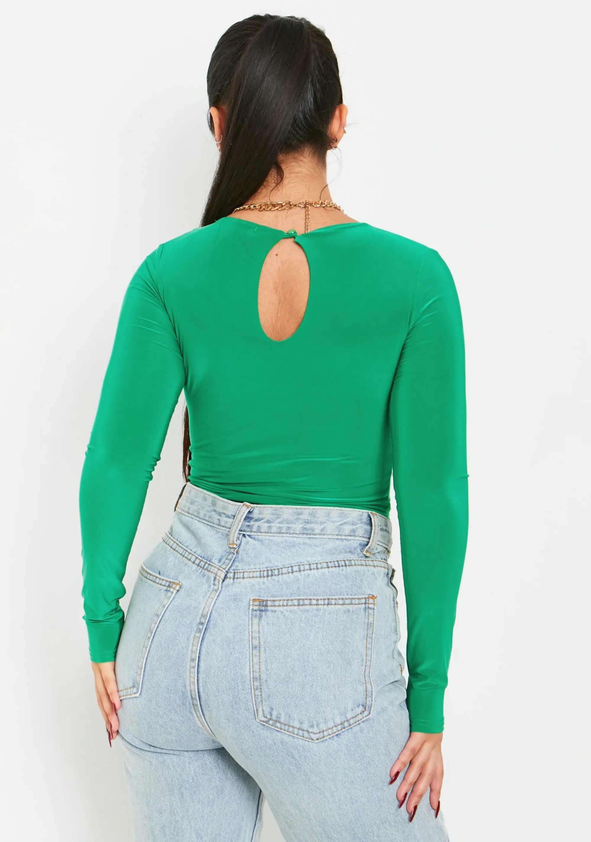 Missy Empire Olivia Green Double Layer Slinky Cut Out Long Sleeve Bodysuit Online
