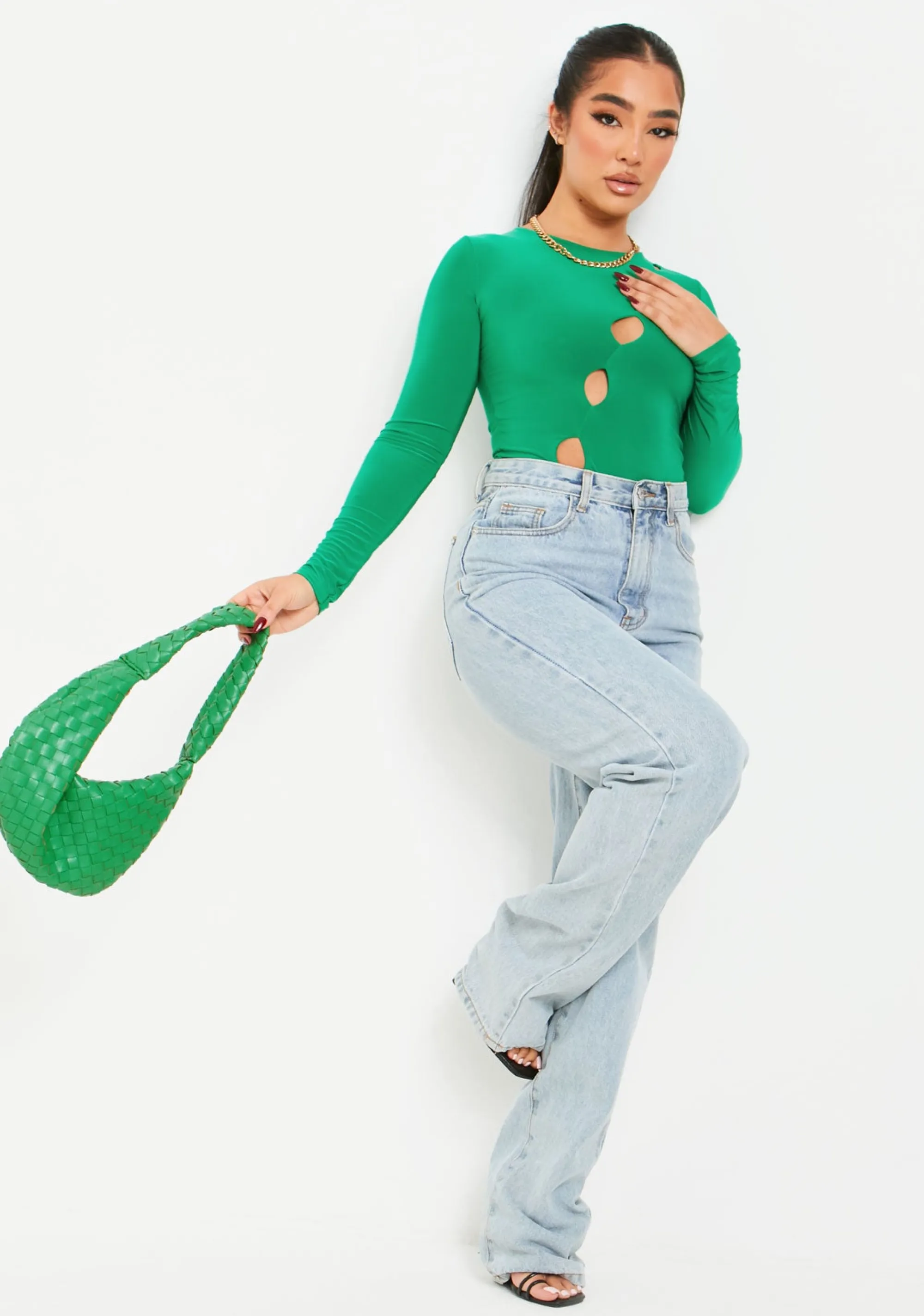 Missy Empire Olivia Green Double Layer Slinky Cut Out Long Sleeve Bodysuit Online