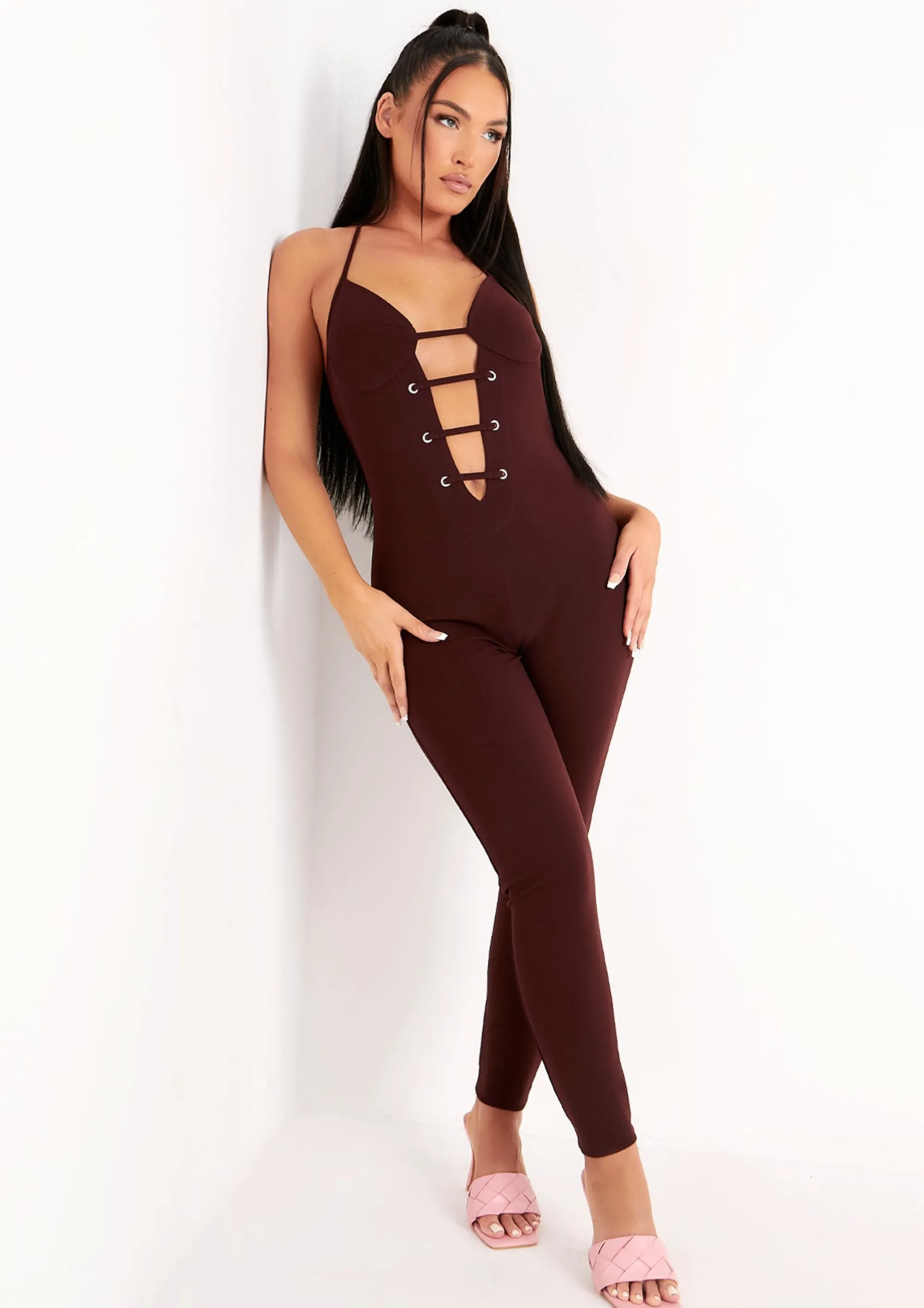 Missy Empire Reese Chocolate Plunge Detail Halterneck Jumpsuit^Women Jumpsuits & Playsuits
