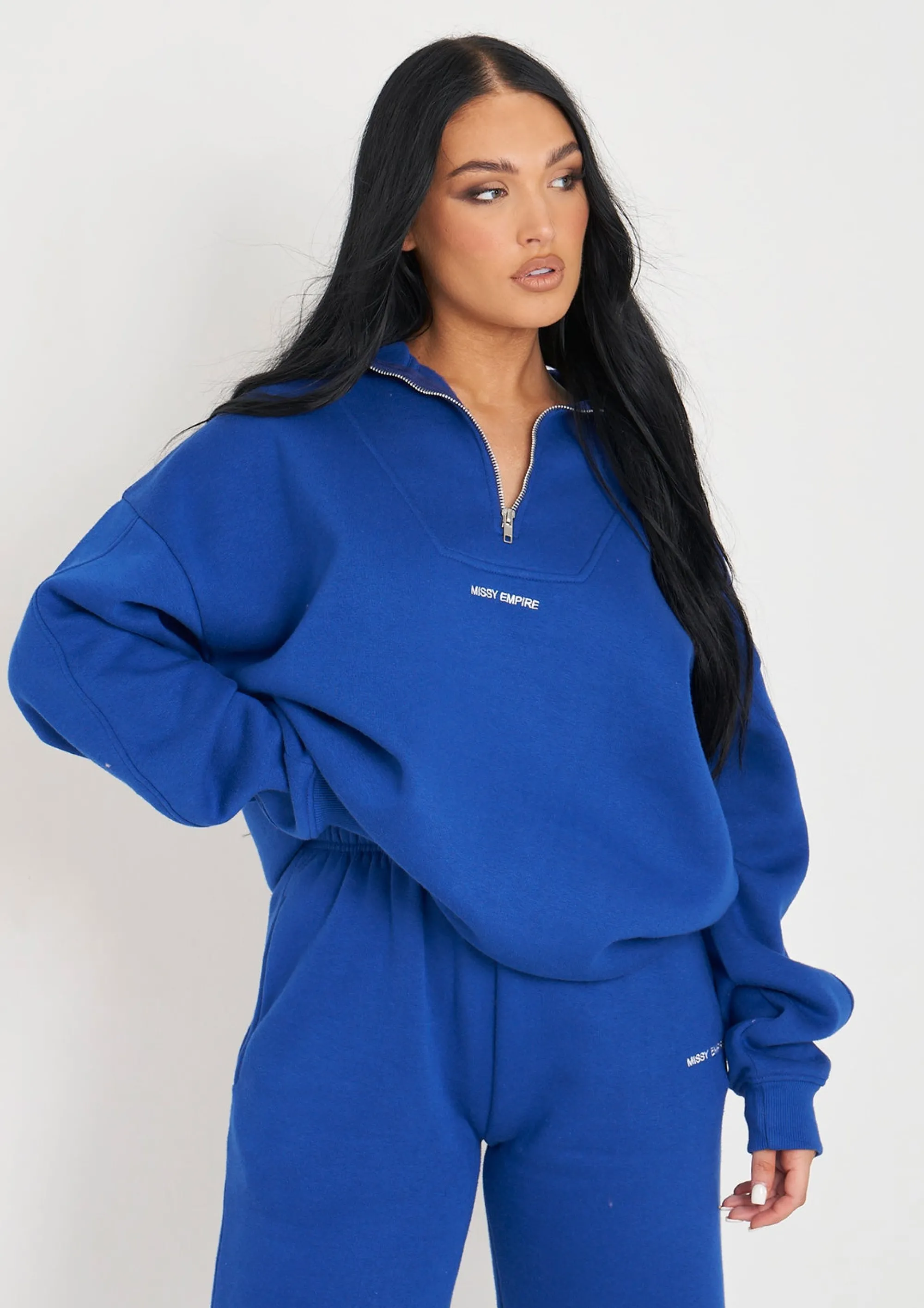 Missy Empire Rivka Cobalt Blue Embroidered Half Zip Oversized Sweatshirt^Women Tracksuits