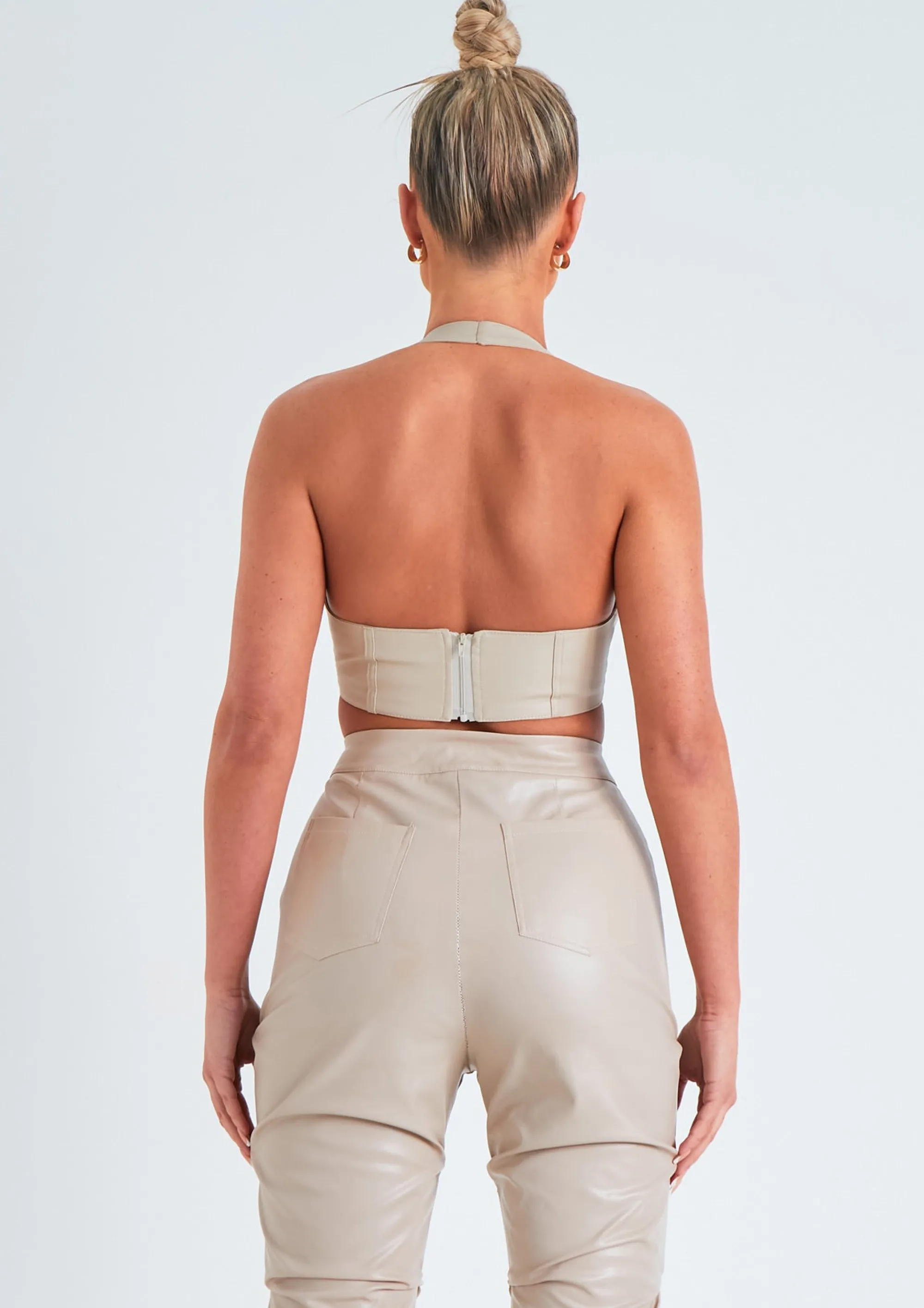 Missy Empire Romy Beige Pu Cropped Corset Halterneck Top Cheap