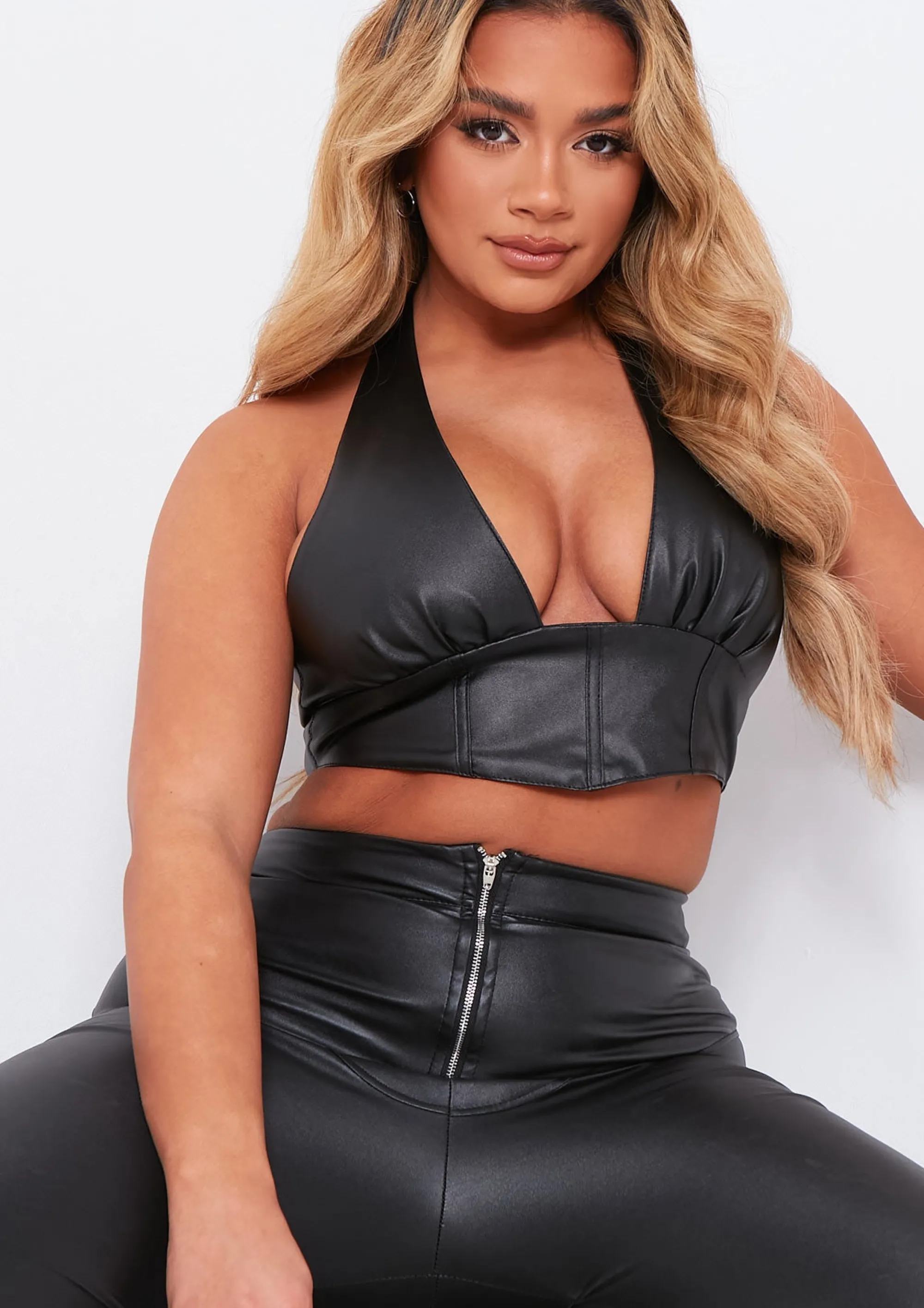 Missy Empire Romy Black Pu Cropped Corset Halterneck Top Shop