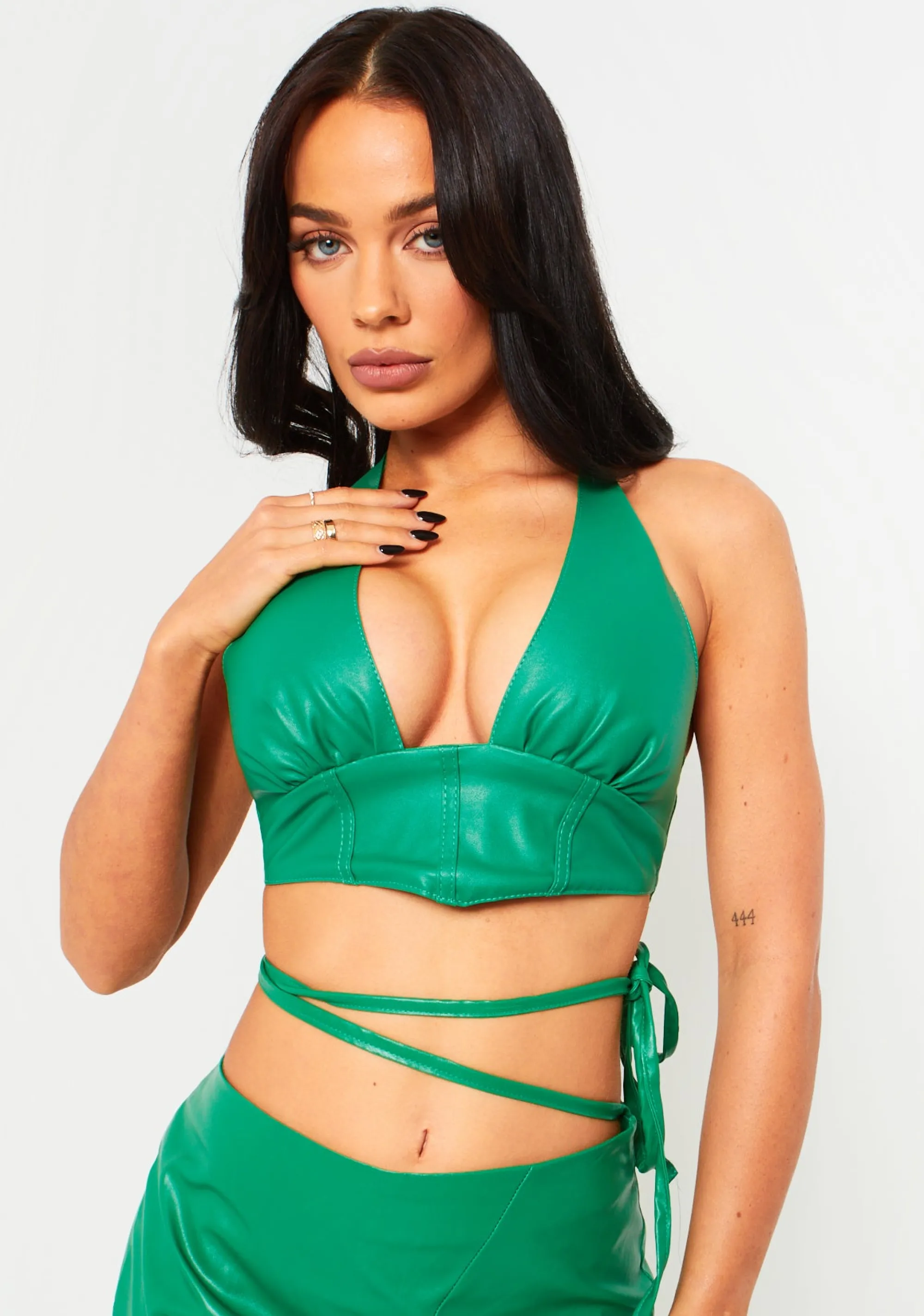 Missy Empire Romy Green Pu Cropped Corset Halterneck Top Flash Sale