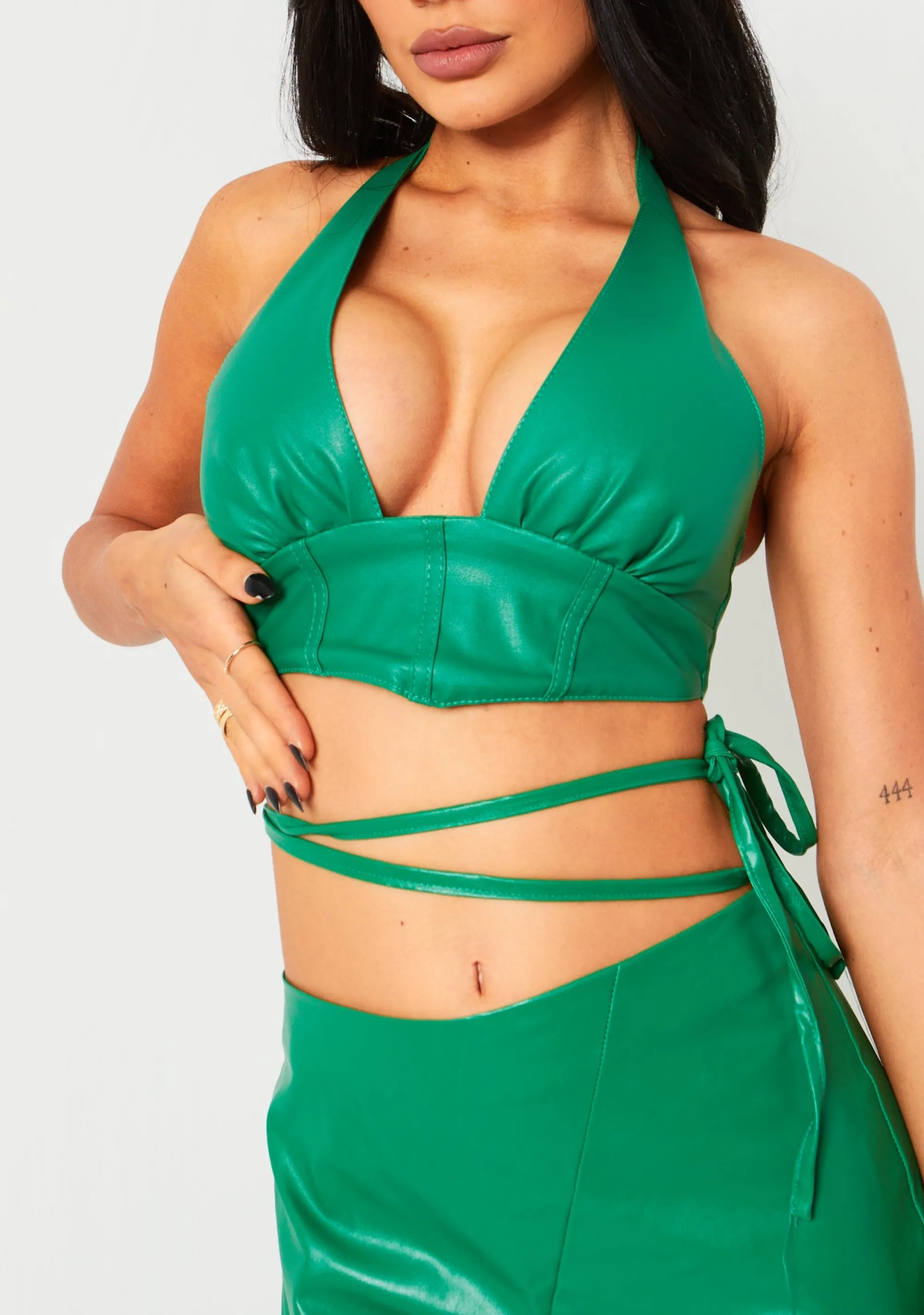 Missy Empire Romy Green Pu Cropped Corset Halterneck Top Flash Sale