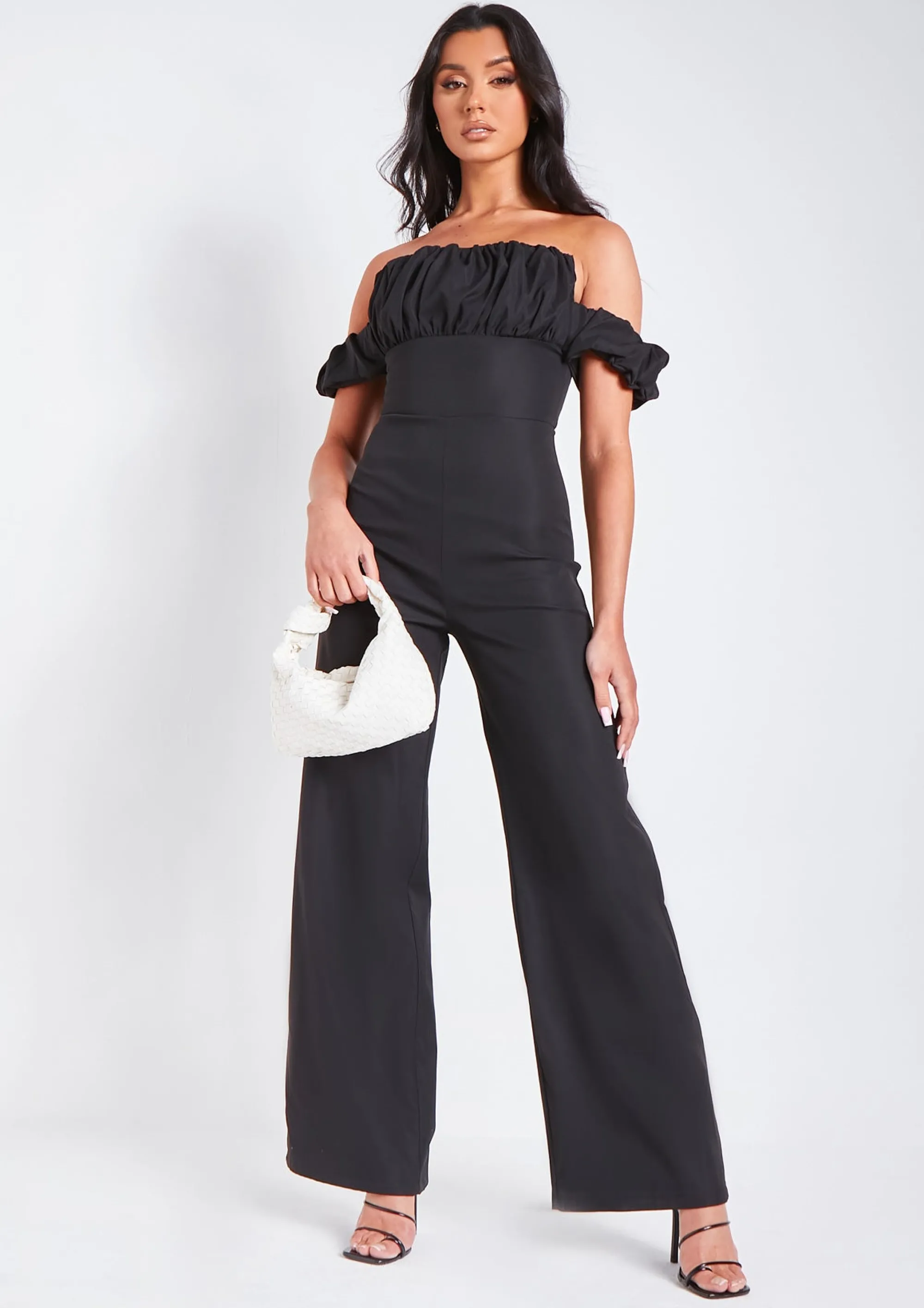 Missy Empire Rosalyn Black Bardot Ruffle Wide Leg Tailored Jumpsuit^Women Jumpsuits & Playsuits