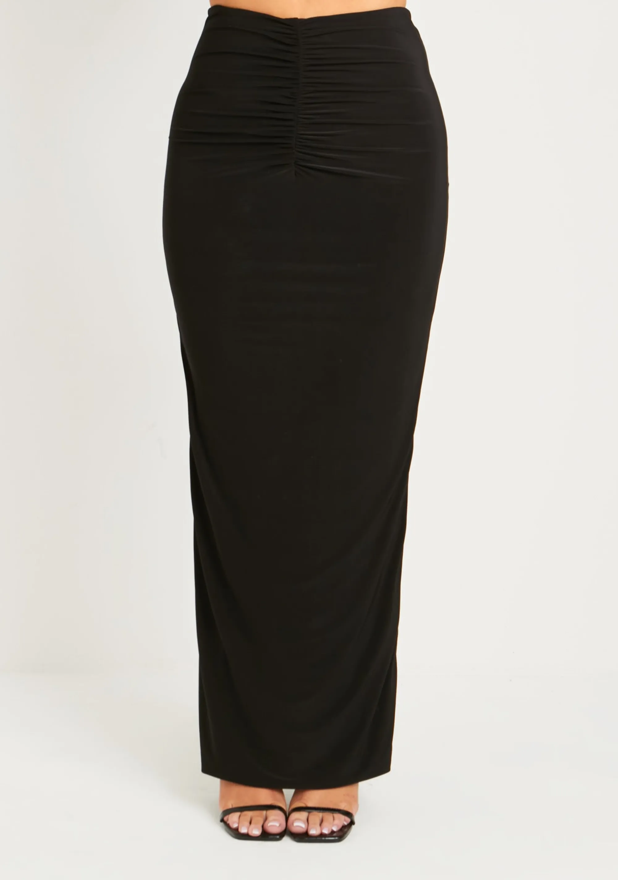 Missy Empire Roxanne Black Double Layer Slinky V Waist Ruched Maxi Skirt Best Sale