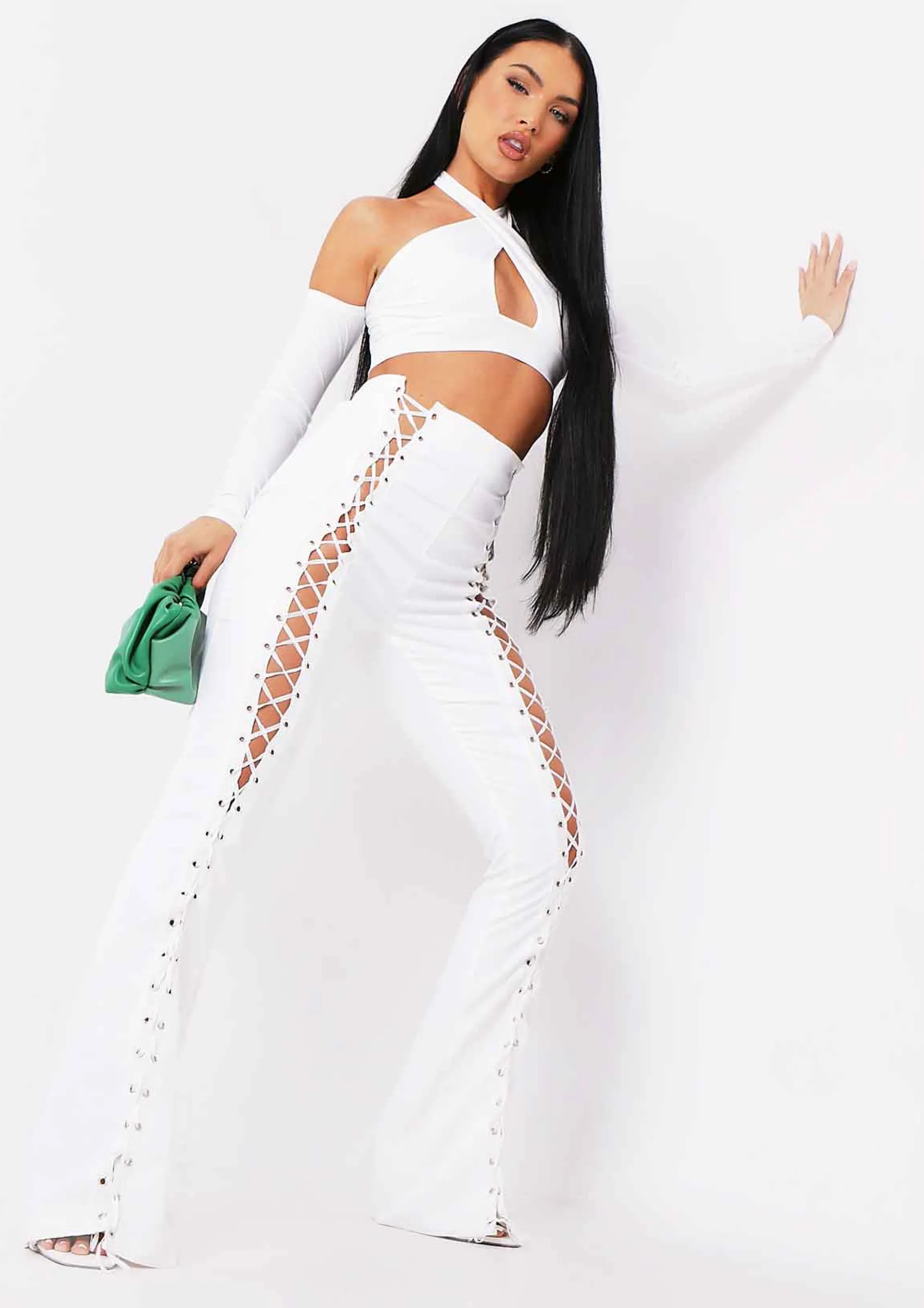 Missy Empire Ruby Ivory Lace Up High Waisted Trousers^Women Trousers