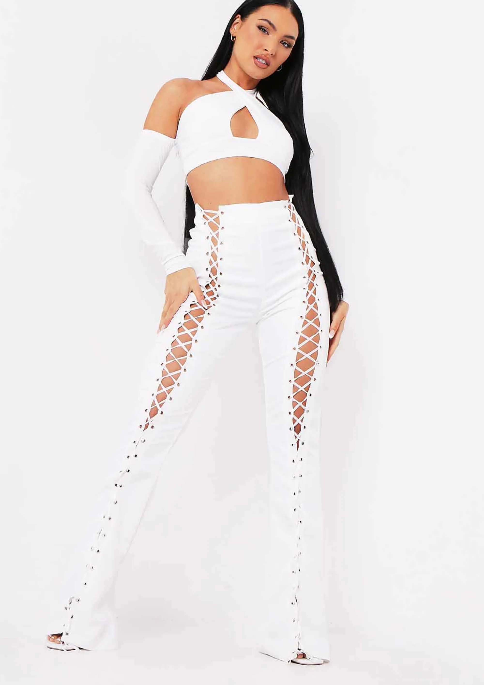 Missy Empire Ruby Ivory Lace Up High Waisted Trousers^Women Trousers