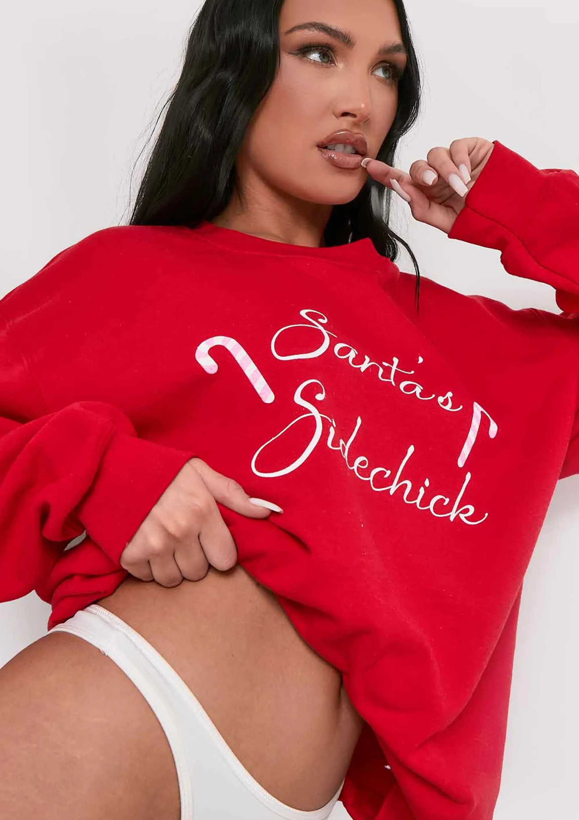 Missy Empire Ruby Red 'santa's Sidechick' Candy Cane Sweatshirt Clearance