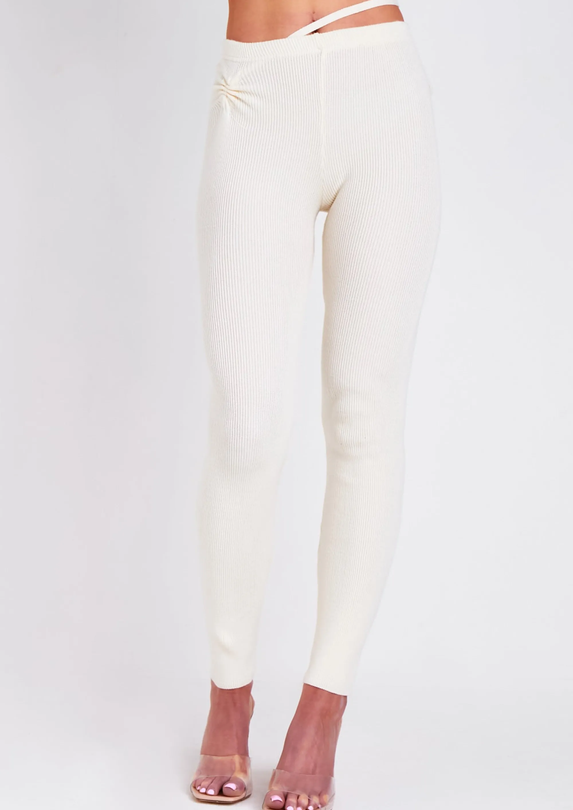 Missy Empire Sabella Ivory Tie Waist Leggings^Women Leggings