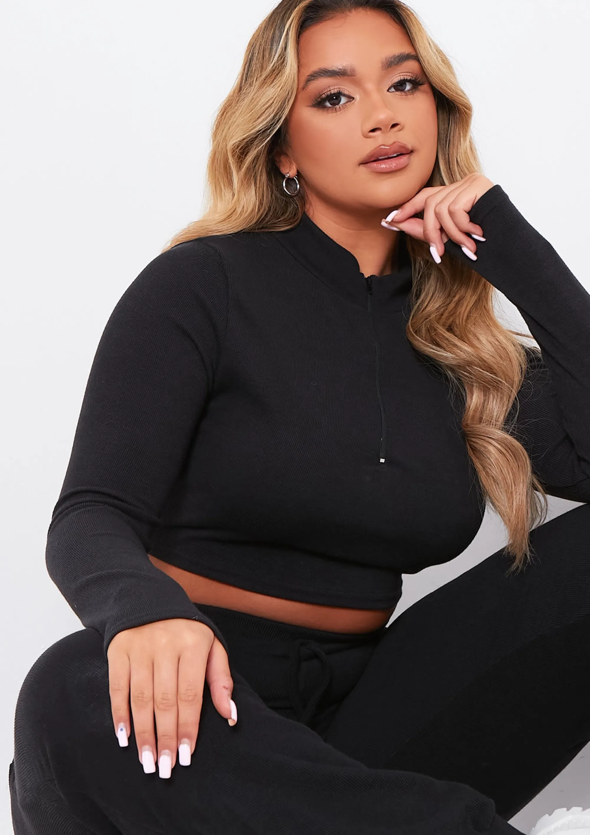 Missy Empire Sade Black Soft Rib Zip Up Long Sleeve Crop Top Sale